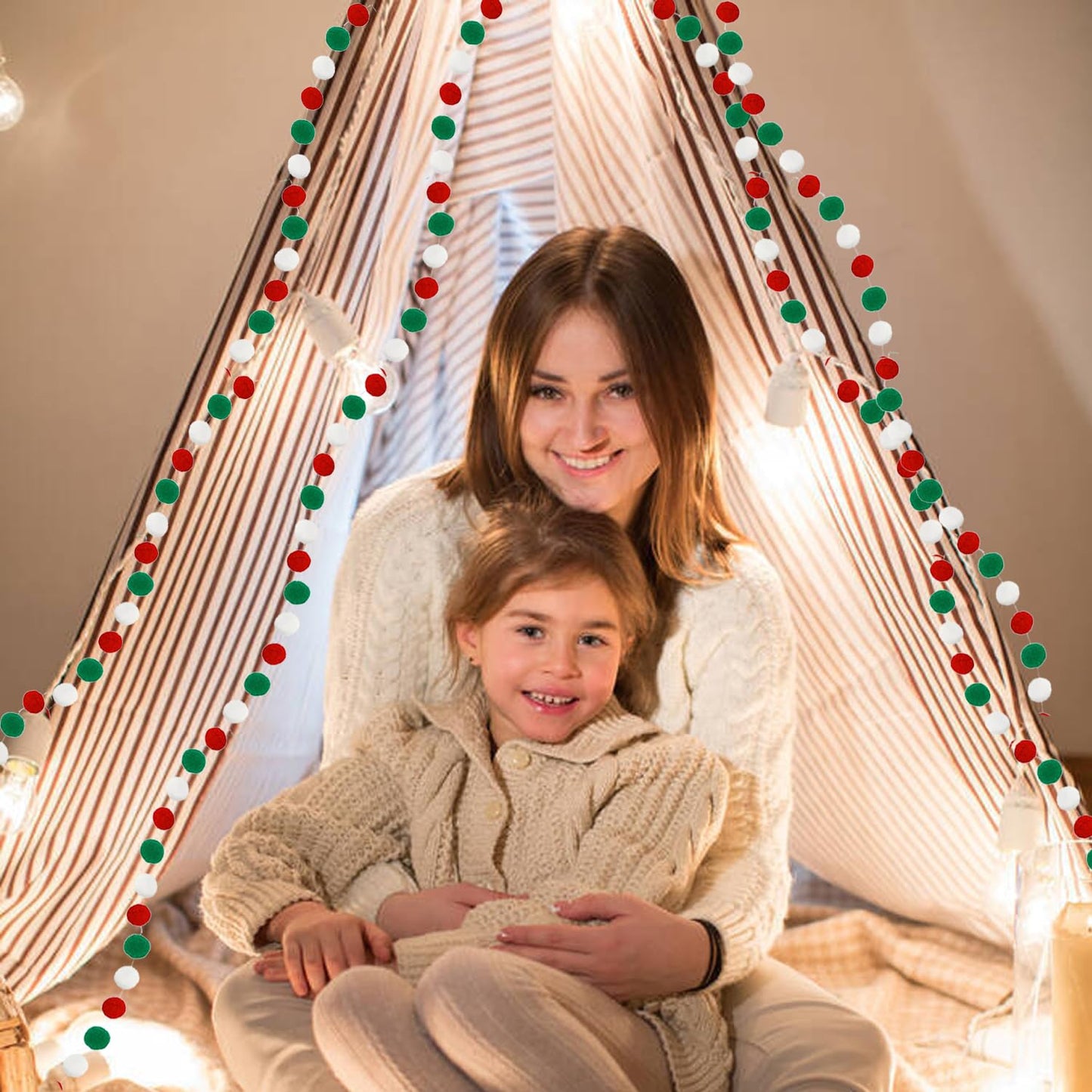 3PK Christmas Pom Pom Garland Christmas Decorations for Tree Indoor Home Room Decor Cute Hanging Felt Ball Red White Green Pompom Bead Ornament String Banner Garland Xmas Birthday Party Supplies