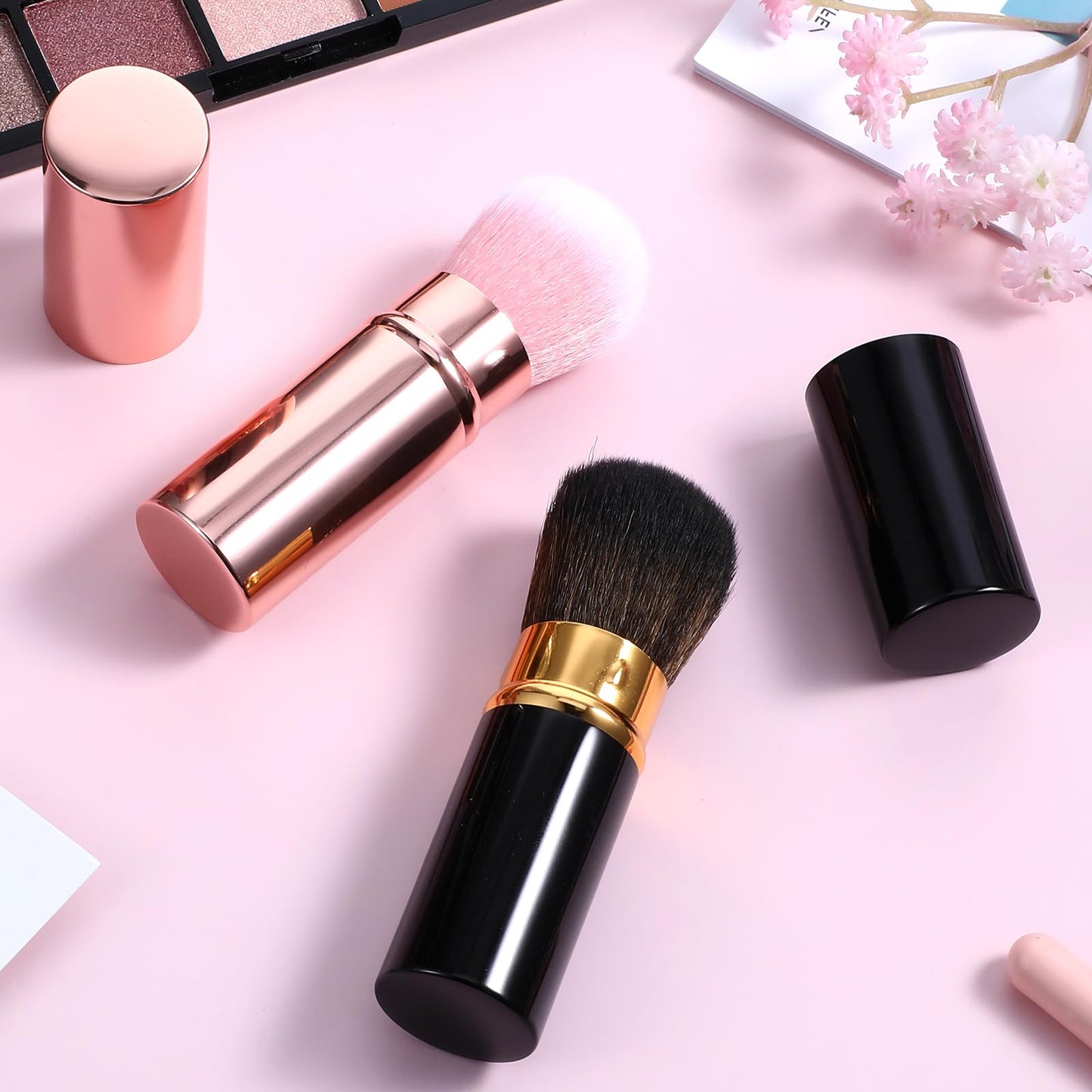 Grevosea Retractable Blusher Brush with Cover, 2 Pack Travel Makeup Brushes Kabuki Foundation Brush Extensible Face Blender Brush for Women Liquid Cream Foundation Concealer Blush Makeup Brush