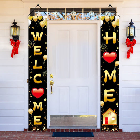 Welcome Home Door Banner Decoration, Black Gold Welcome Back Home Porch Banner for Outdoor, Military Homecoming Deployment Returning Party Supplies