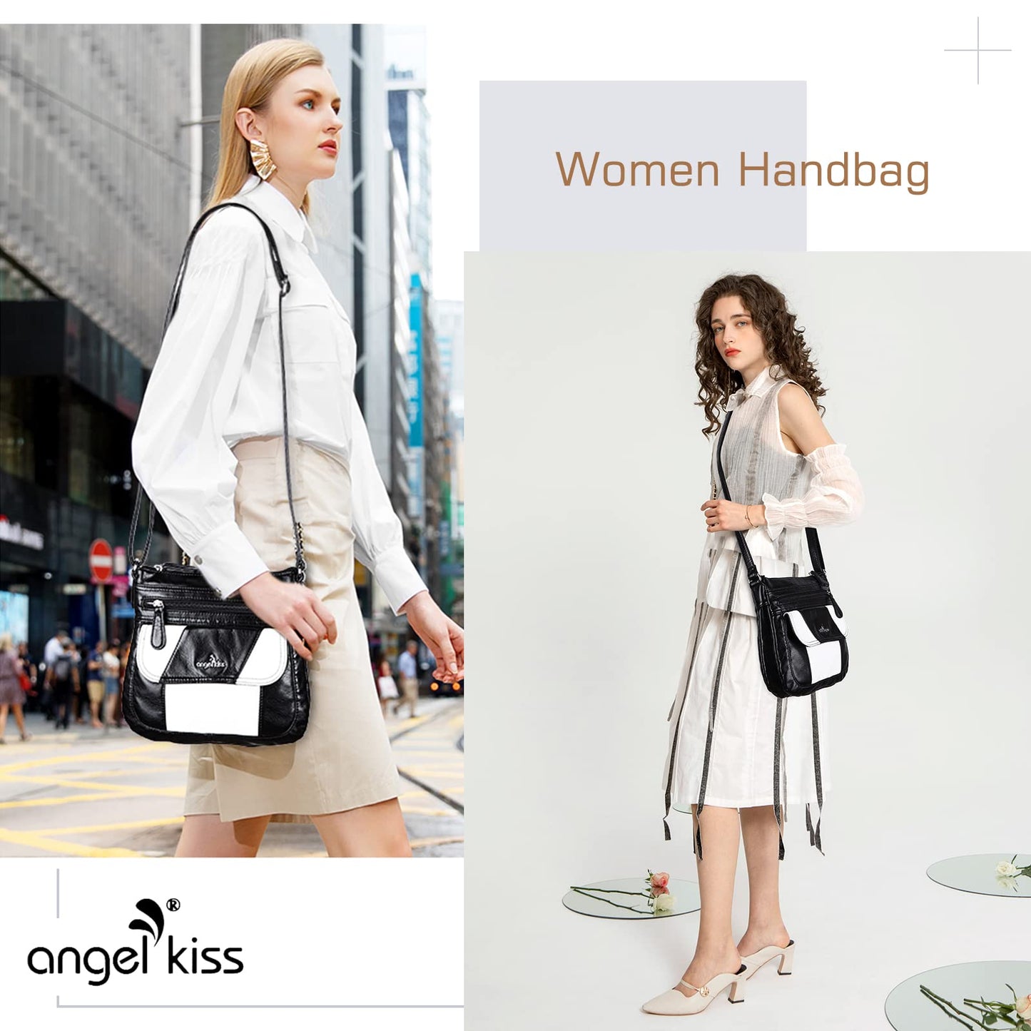 Angel Kiss Crossbody Bags for Women PU Leather Shoulder Handbag Ladies Purses and Handbag with adjustable Strap Black White