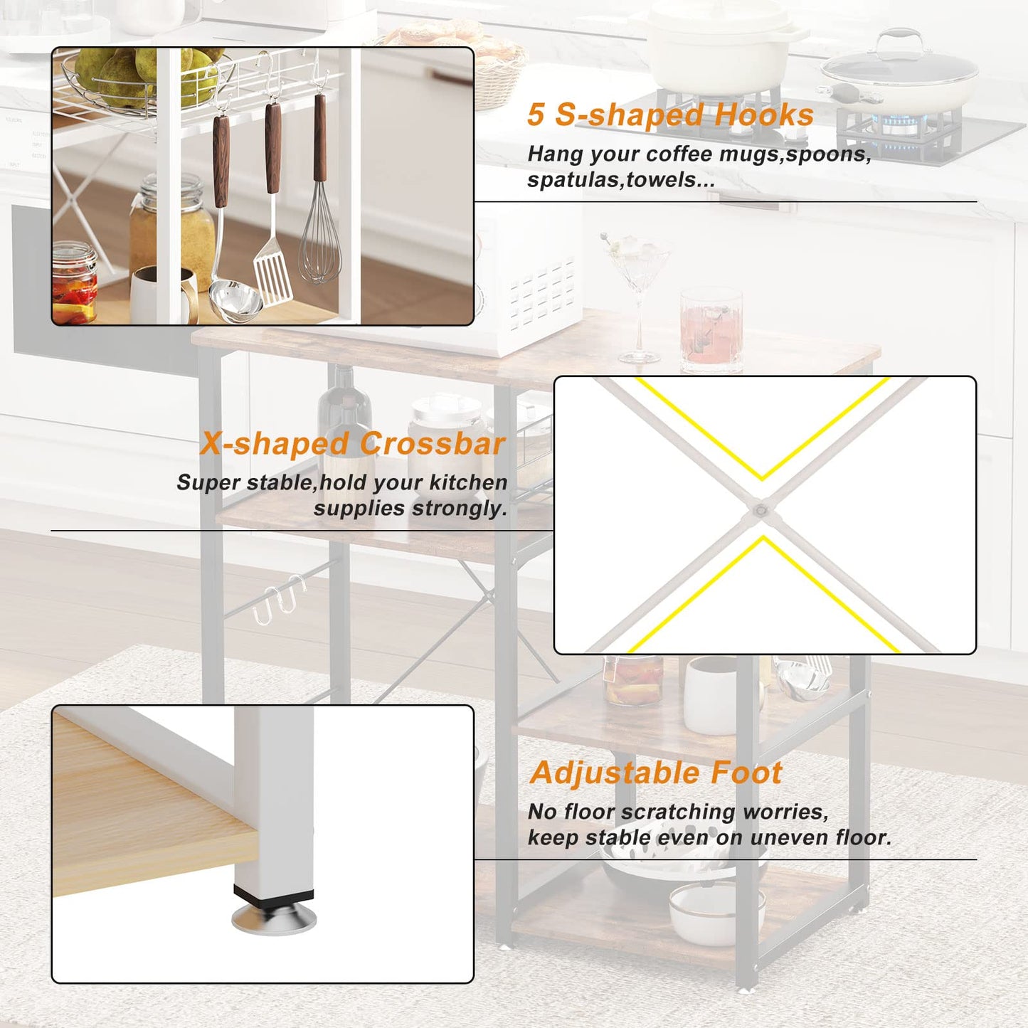 soges Kitchen Bakers Rack with 5 Hooks, Microwave Stand, Coffee Bar Station, Industrial Storage Shelf with Wire Basket, Adjustable Feet, Sturdy Metal Frame for Kitchen, Pantry, Living Room, White Oak