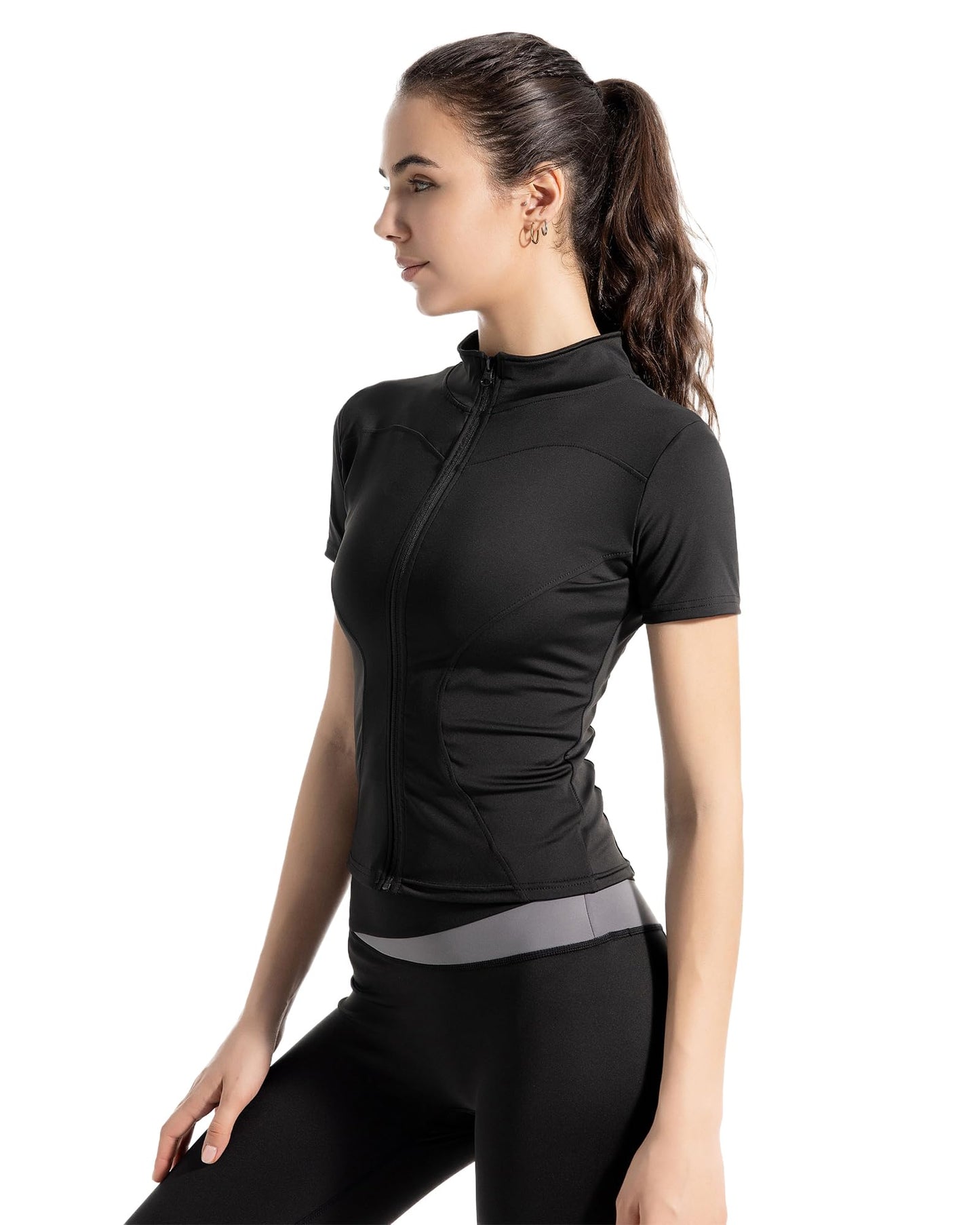 miswek Women's Short Sleeve Slim Fit Athletic Jacket Full Zip Workout Tops Solid Color Fitness Clothing(Black L)