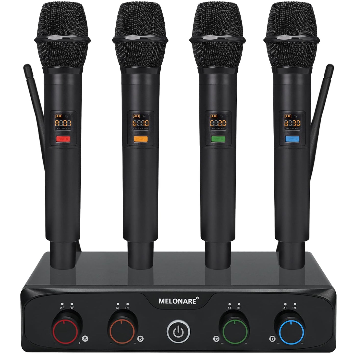 MELONARE 4-Channel Wireless Microphone System, UHF Compact Cordless Mic Set w/ 4x10 Frequencies, 200ft Range, Dynamic Handheld Microphone for Singing, Karaoke, Church, DJ, Wedding (MWM-41-4H)