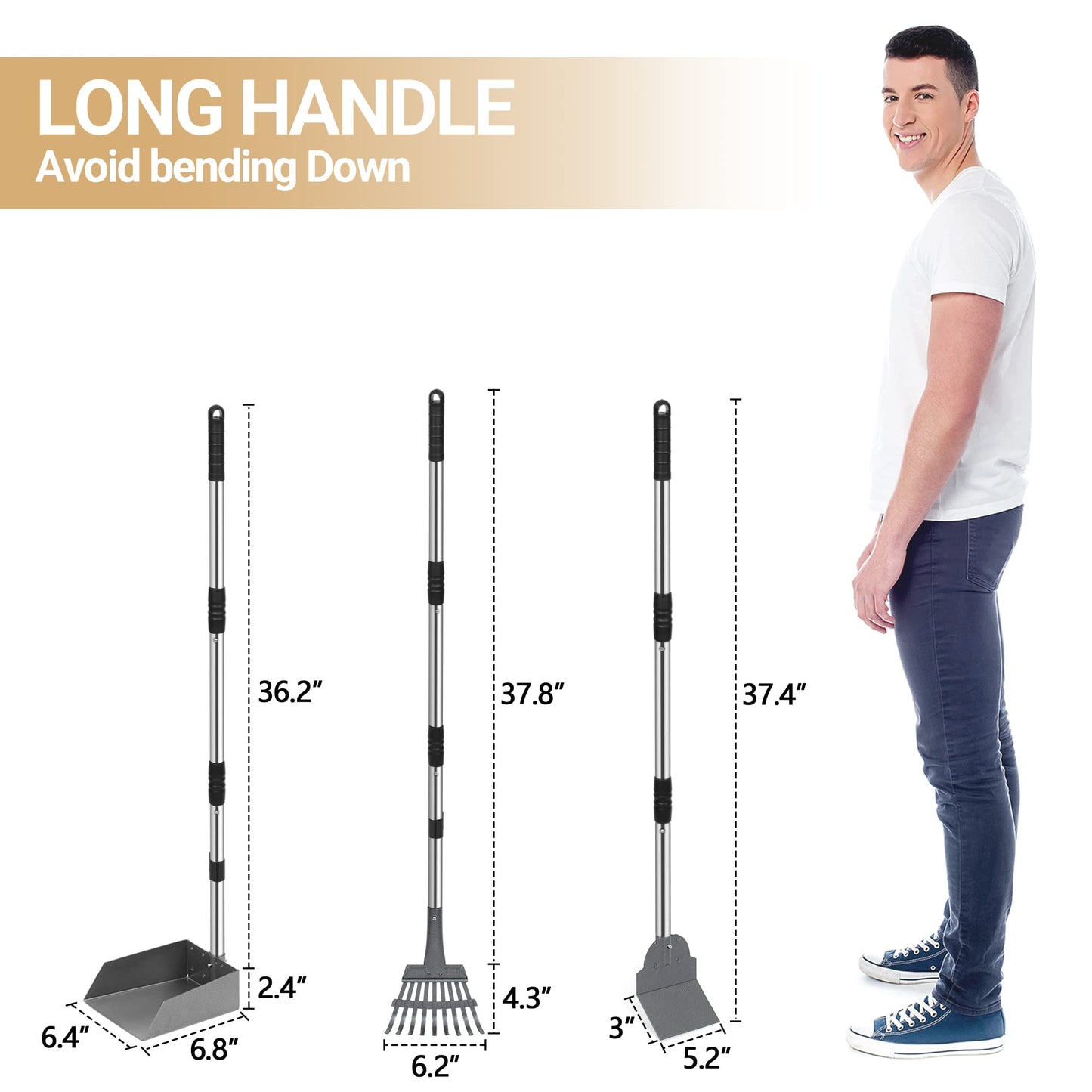 Heeyoo Dog Pooper Scooper, Dog Poop Tray and Rake Set, Pet Waste Removal Scoop with Long Adjustable Sectional Stainless Handles