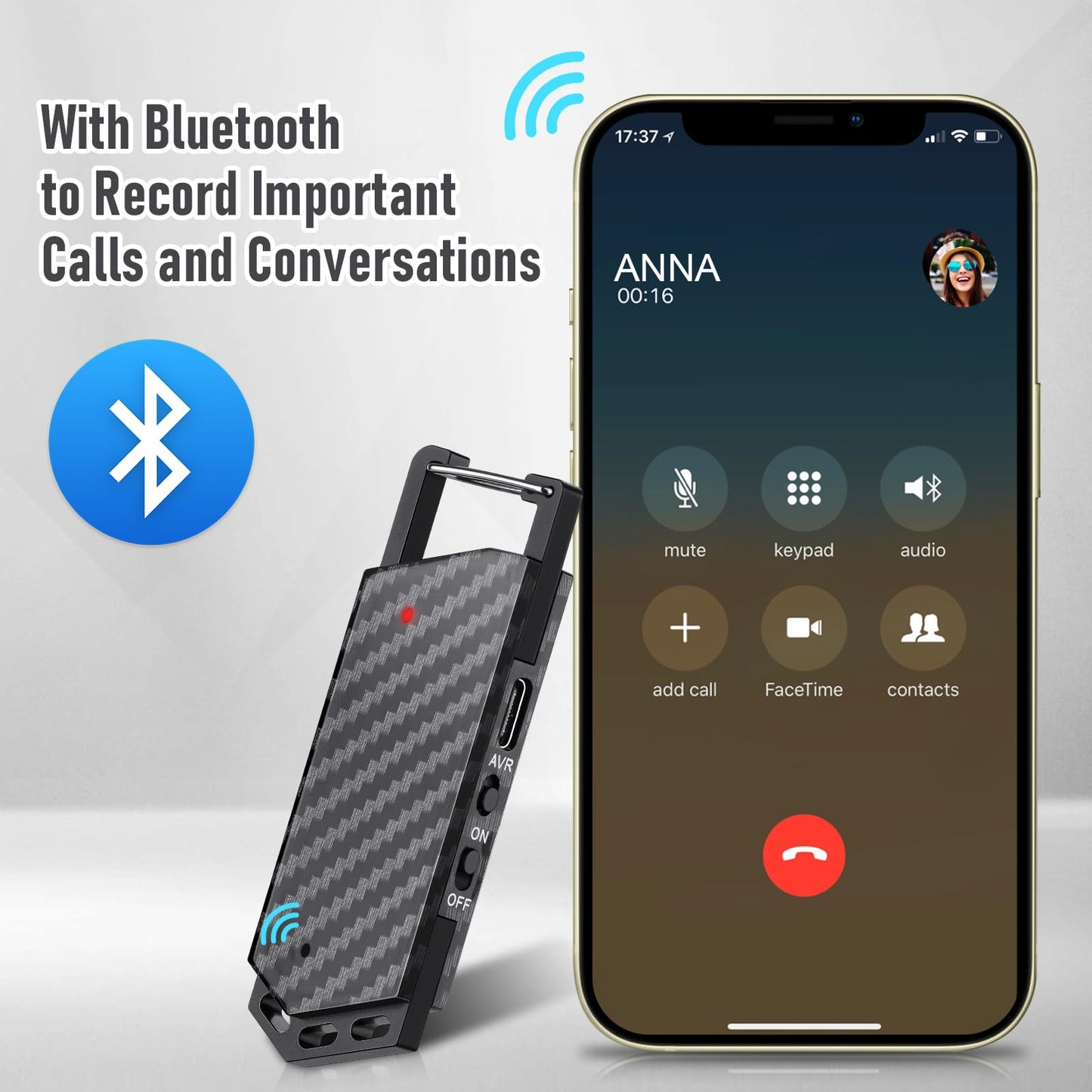64GB Digital Voice Recorder with Bluetooth - Voice Activated Keychain Audio Recording Device - 800 Hours Capacity for Classes, Interviews, Meetings, Music