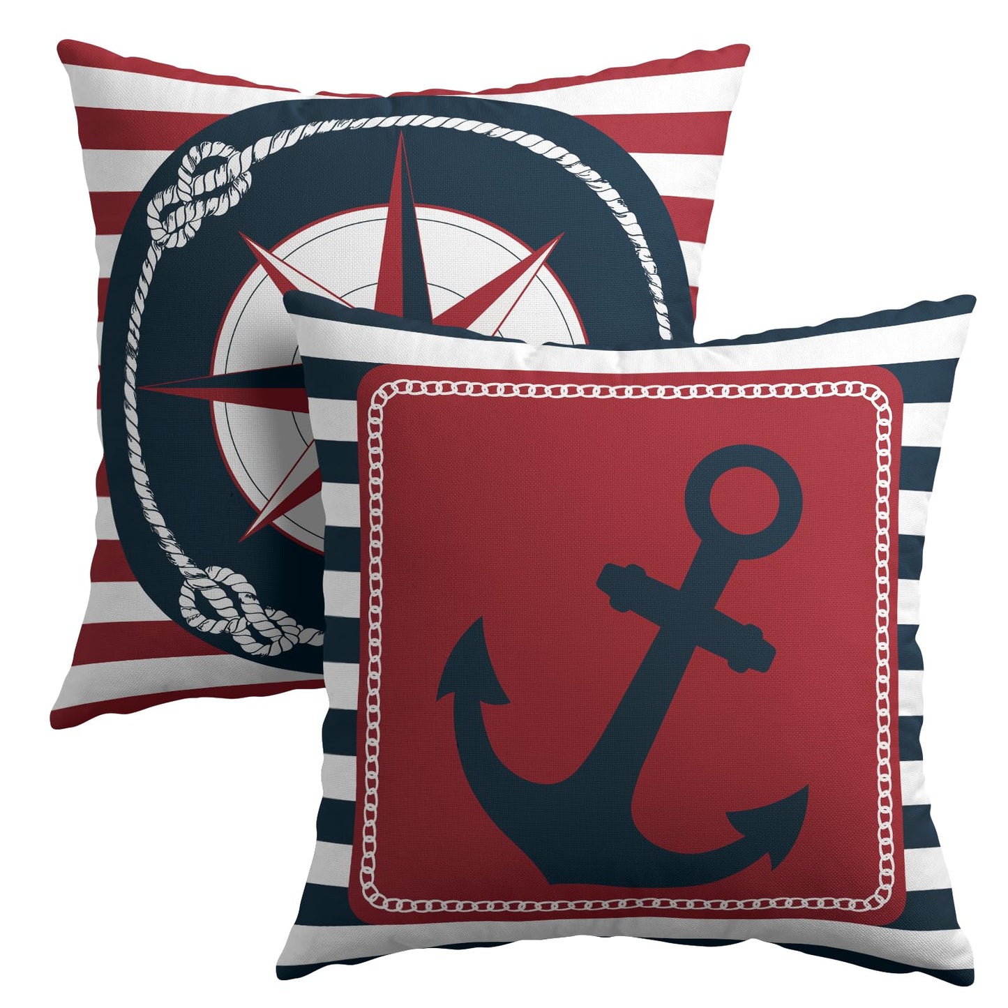 Anchor Compass Throw Pillow Cases Outdoor Nautical Pillow Covers Blue and White Stripes Decorative Cushion Cover 18x18 Inch Red and White Cotton Linen Pillowcases for Beach Coast Home Bedroom