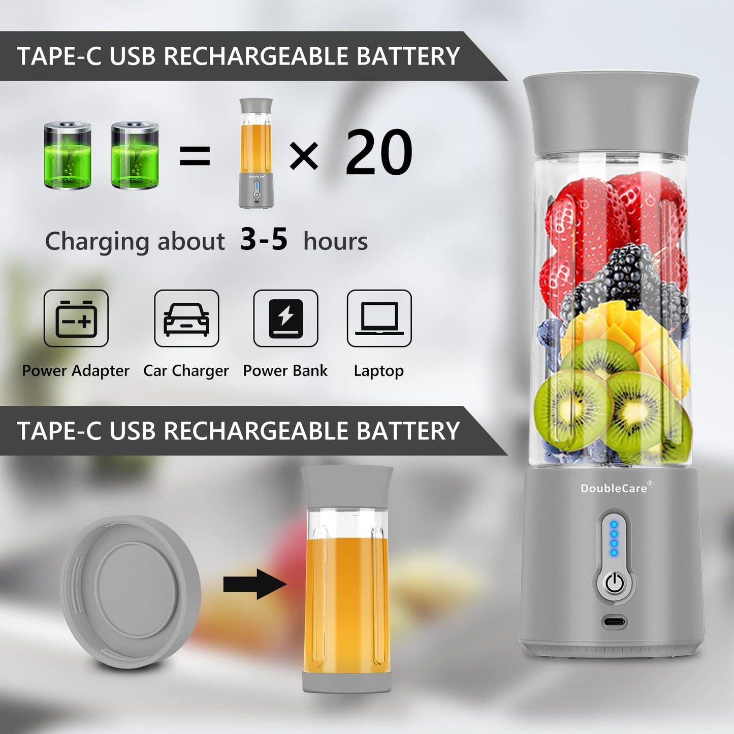 DoubleCare Portable Blender Cup,Electric USB Juicer Blender,Mini Blender Portable Blender For Shakes and Smoothies, Juice,380ml, Six Blades Great for Mixing,white, grey