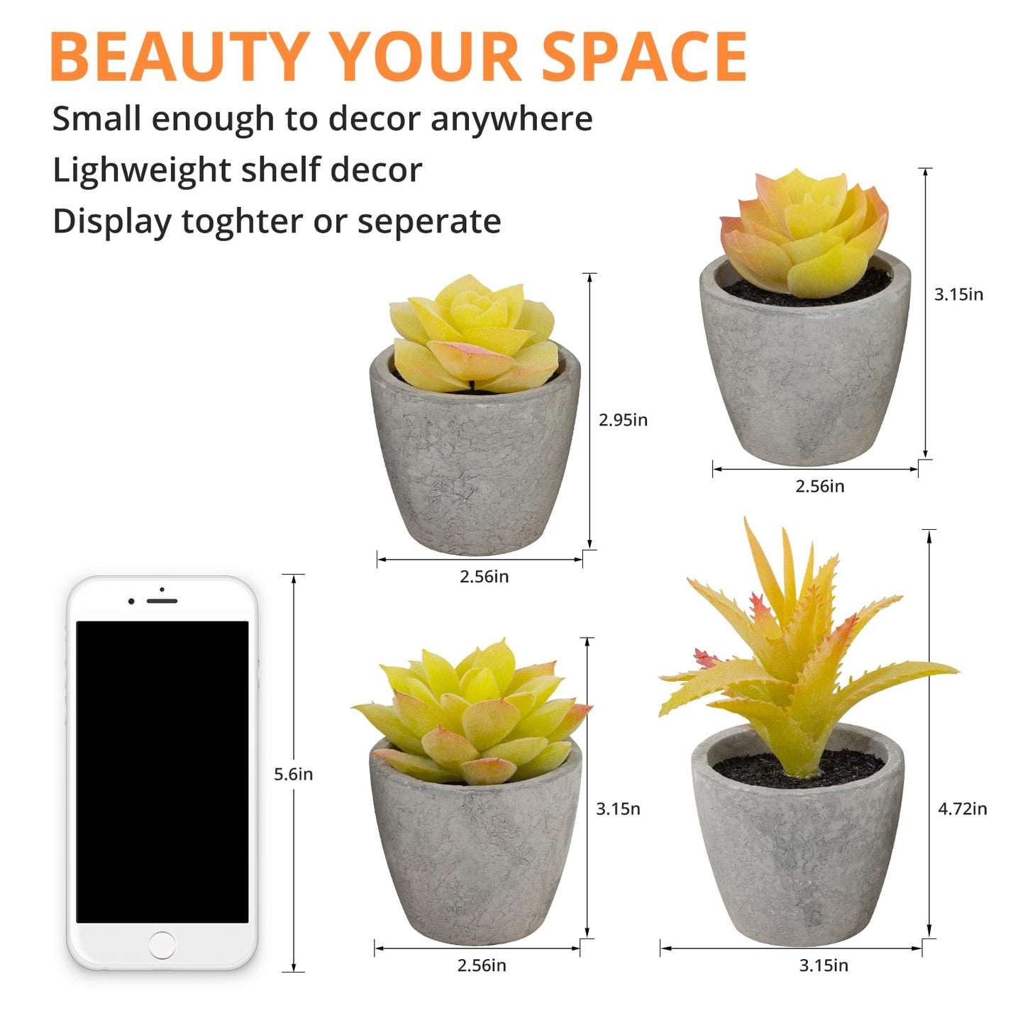 LUZOGA Set of 4 Yellow Fake Succulents, Artificial Small Succulents Plants, Mini Home Decor Small Fake Plants Decor for Office Table Bedroom Kitchen Desk Decor Bathroom Shelf Yellow Decor