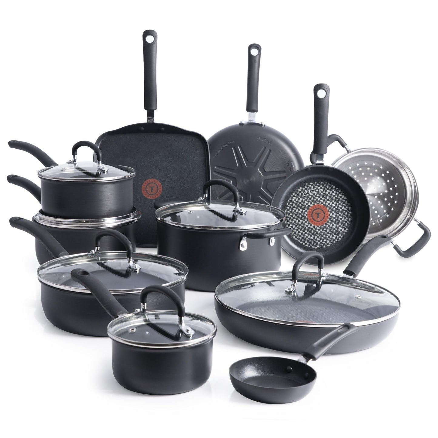 T-fal Ultimate Hard Anodized Nonstick Cookware Set 17 Piece, Oven Broiler Safe 400F, Lid Safe 350F, Kitchen Cooking Set w/Fry Pans, Saucepans, Saute Pan, Griddle, Pots and Pans, Dishwasher Safe Black