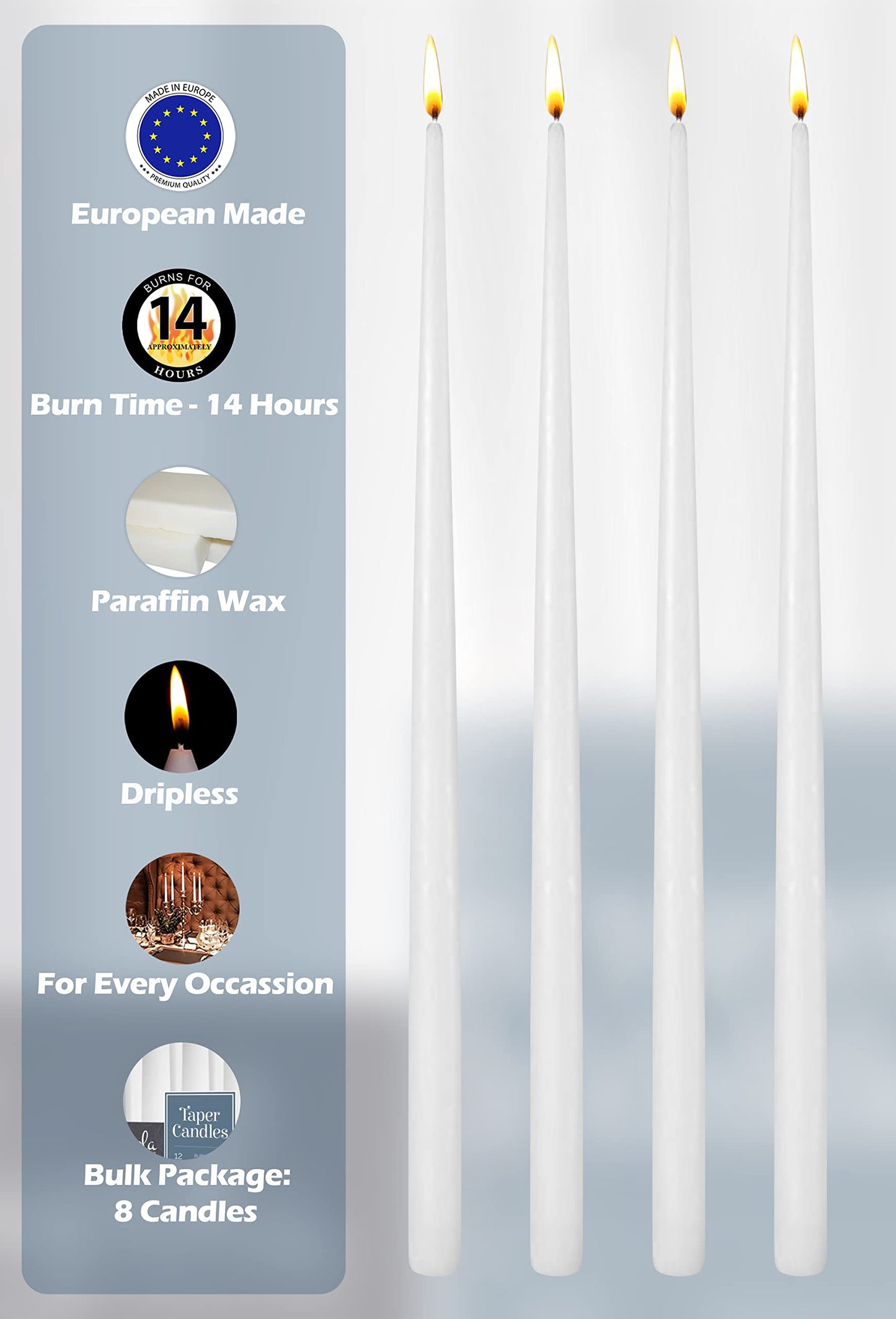 Hyoola Tall Taper Candles - 16 Inch White Unscented Dripless Taper Candles - 14 Hour Burn Time - 8 Pack