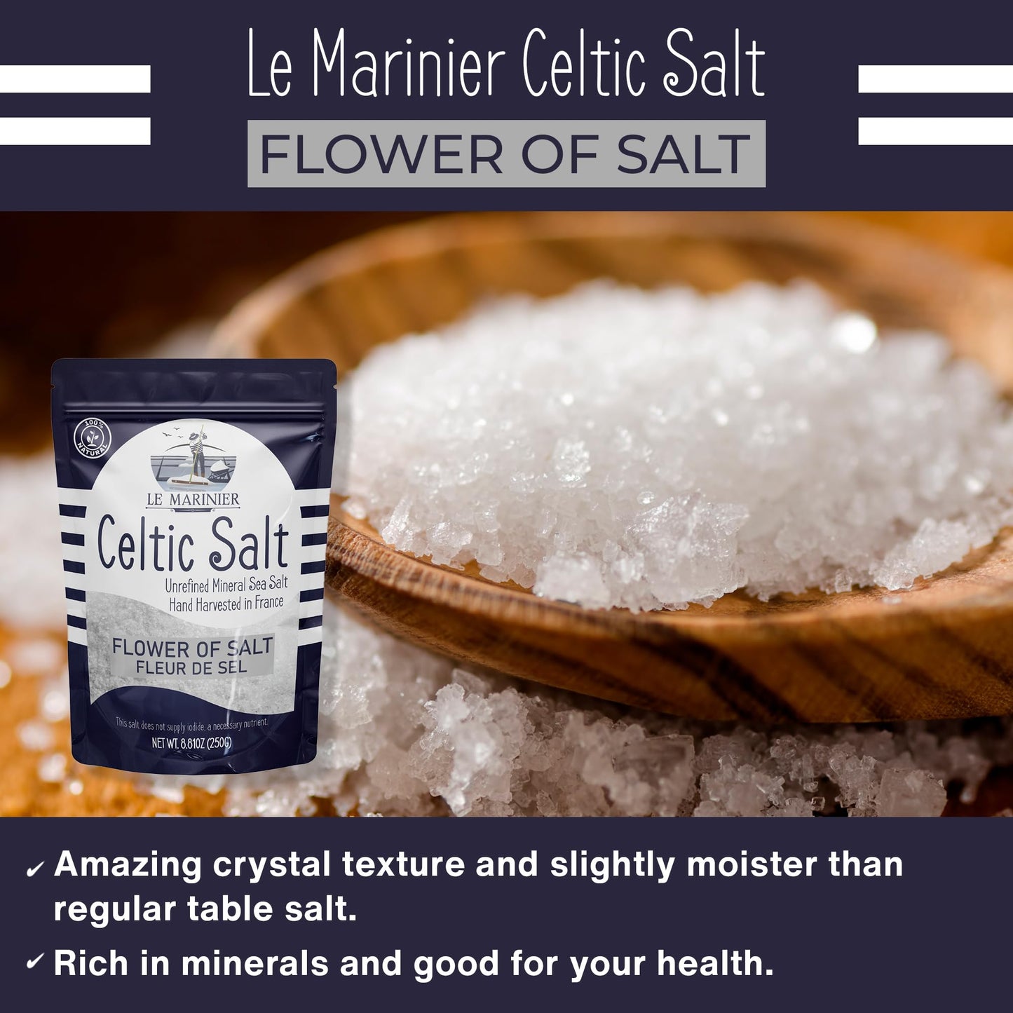 Le Marinier Fleur de Sel 0.6lb - 8.81oz. French Sea Salt- Flower of Salt. Mineral Rich, Unrefined, 100% Natural, Hand Harvested, Finishing Salt (0.6lb Fleur de Sel)