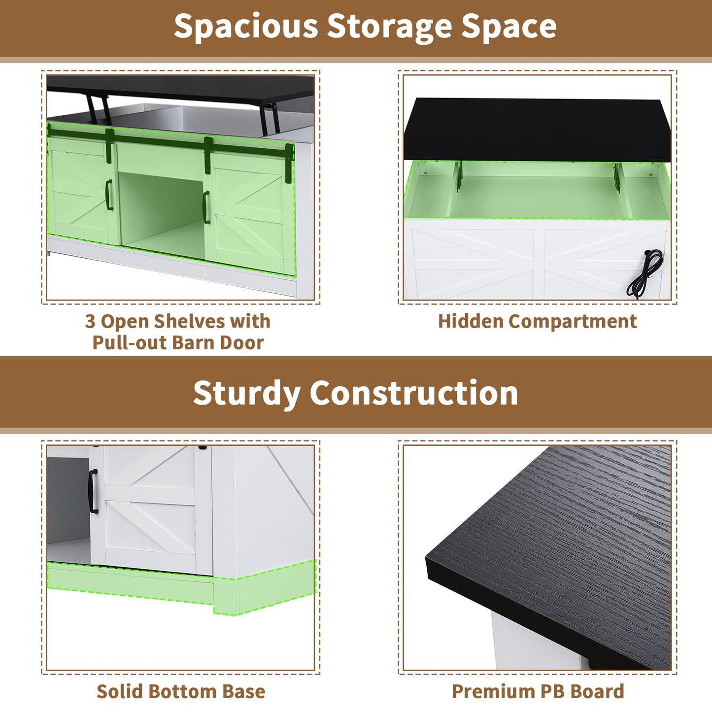 HPWLYQ 48" Lift Top Coffee Table with Storage & Power Outlets, Farmhouse Coffee Table with Sliding Barn Doors, Wood Square Center Table for Living Room Office Black