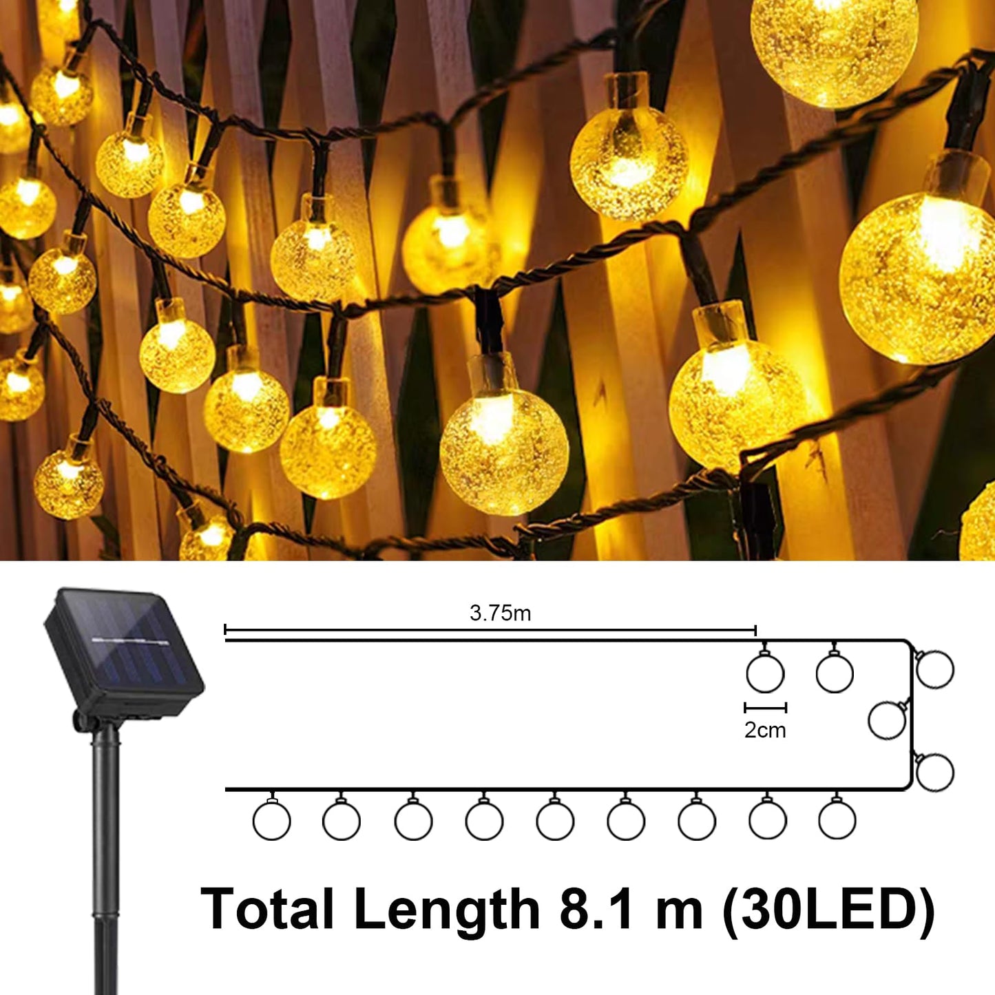 LQWELL® Solar Fairy Lights for Outdoor Garden, Solar Chain Light Crystal Balls 30LED 8M IP44 8 Modes Fairy Lights for Outdoor/Indoor Garden Patio Balcony Wedding Window (Warm White)