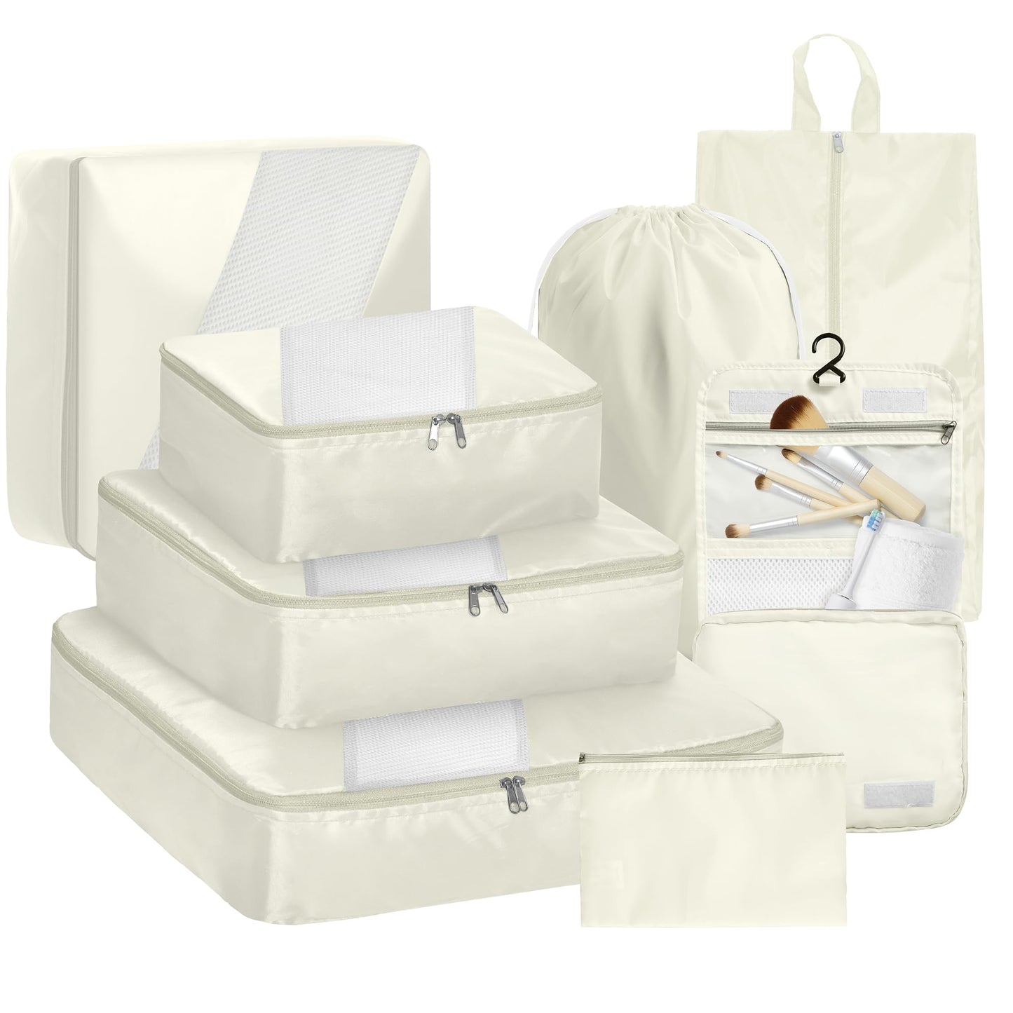 WVM Packing Cubes for Travel, 8 Set Luggage Organizer Bags with Shoe Bag, Toiletry Bag & Laundry Bag, Travel Accessories Essentials Packing Organizer, Beige