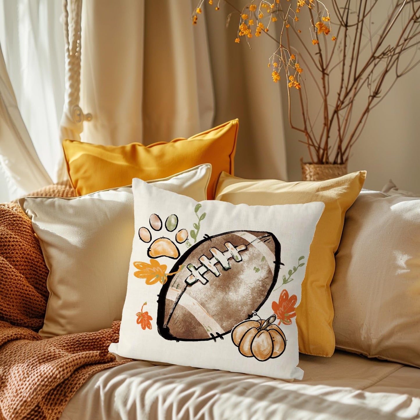 QIONG MENG Fall Pillow Covers 18x18 Inch Set of 4 Football Dog Paws Throw Pillow Covers Pumpkins Autumn Harvest Pillowcase Farmhouse Home Decorations Sofa Bedroom Cushion Case