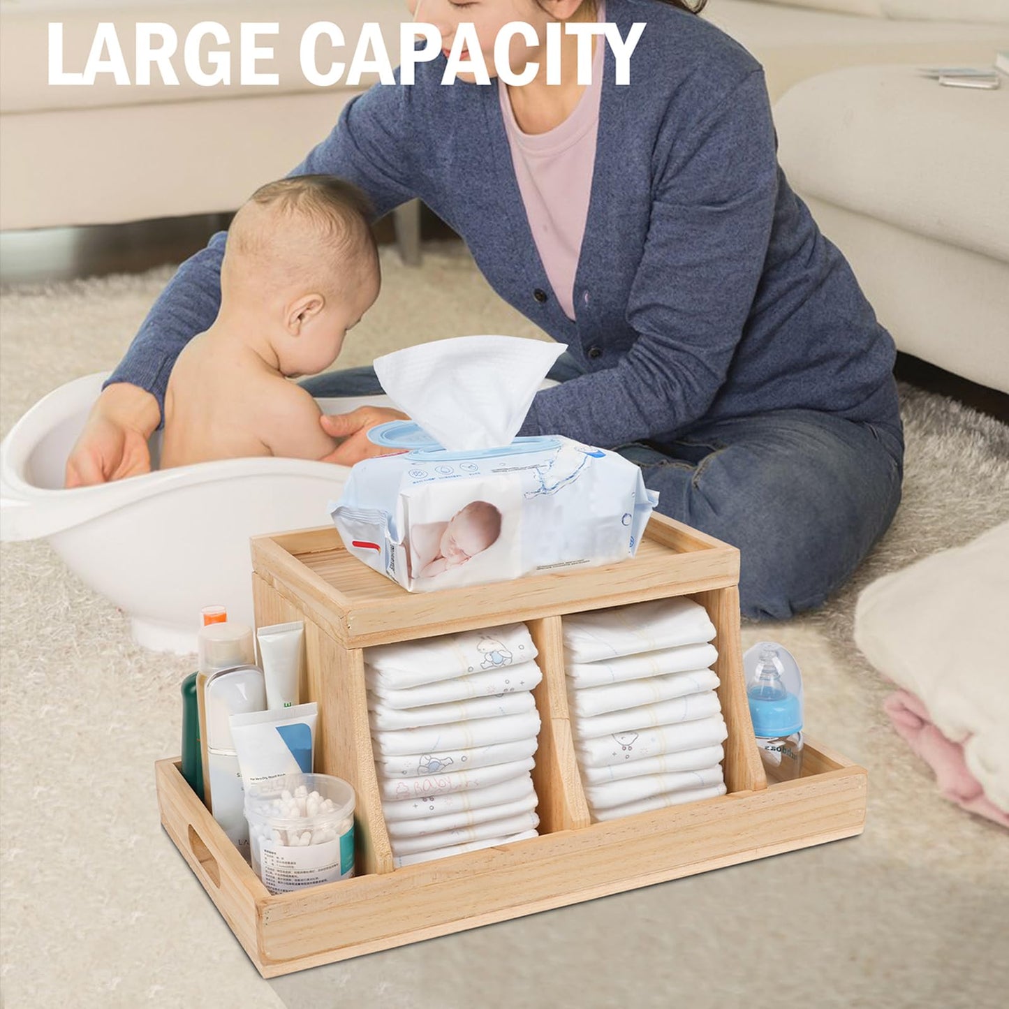 Busidhji Diaper Caddy Organizer, Changing Table Organizer, Wooden Diaper Organizer for Nursery, Baby Diaper Storage Organizer with Removable Dividers (Brown, Rectangular Size)