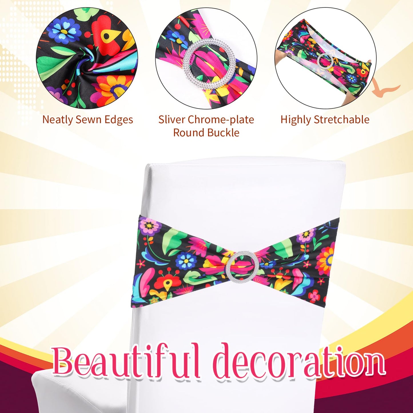 Newwiee 36 Pcs Mexican Theme Stretch Chair Sashes Bands with Buckle Mexican Chair Decorations Elastic Chair Bows for Folding Chairs Wedding Cinco De Mayo Event Fiesta Party Birthday Banquet