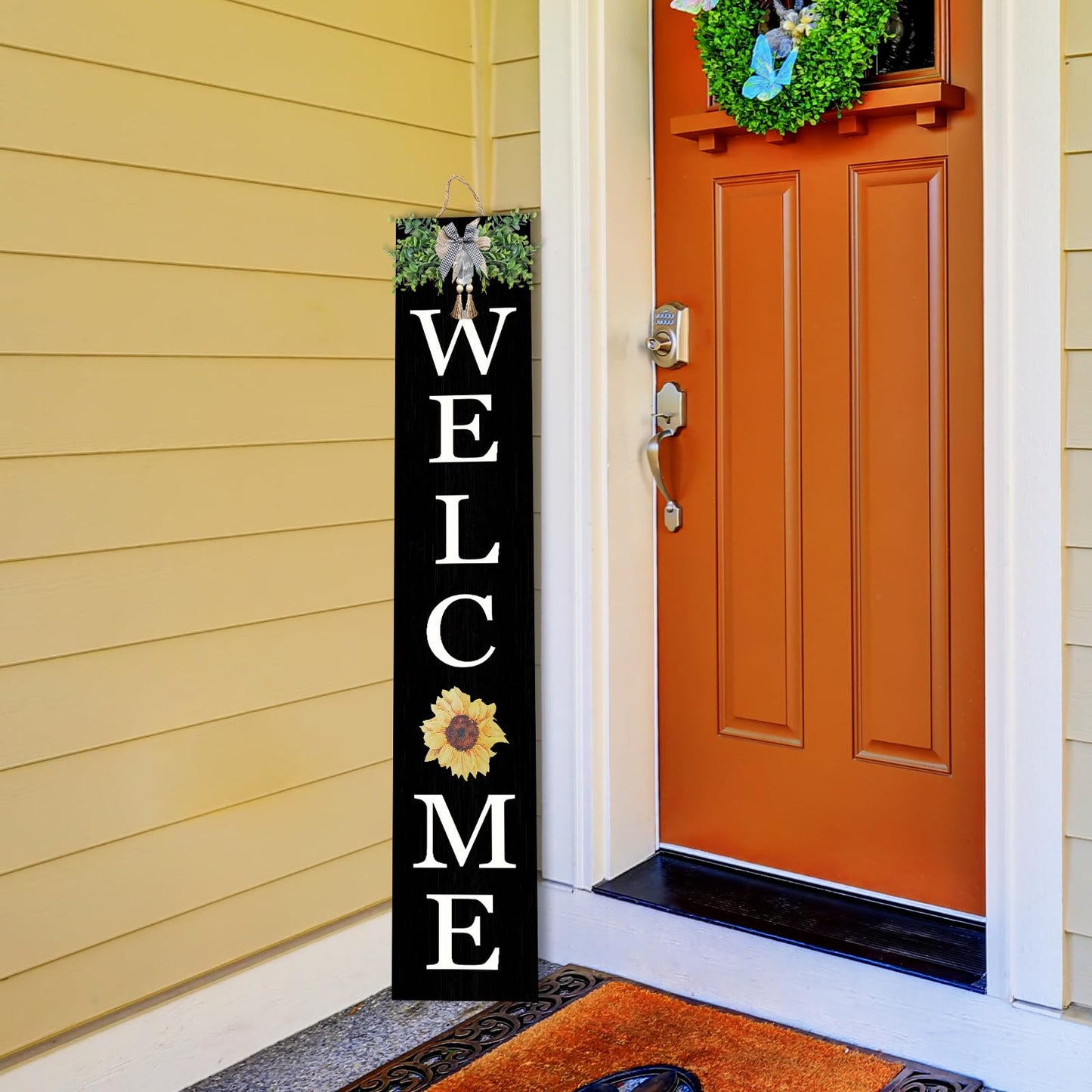 Interchangeable Welcome Sign for Front Porch Standing 47"X8" Outdoor Large Wood Frame with 12 Pcs Designed Icons Leaner Vertical Tall Outside Welcome Sign for Front Door Decor (Black)