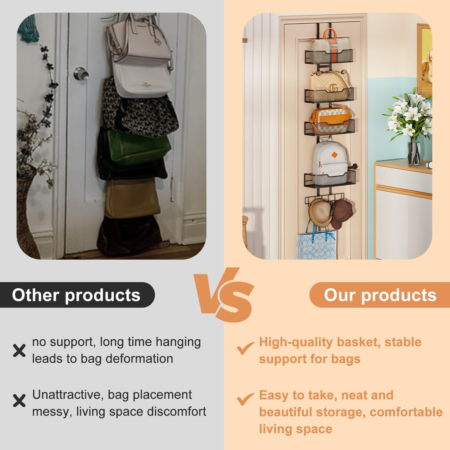 Dmevkic Purse Organizer Over The Door,Adjustable Durable Metal Purse Holder Handbag Purse Organizer for Closet with 5 Hooks Medium