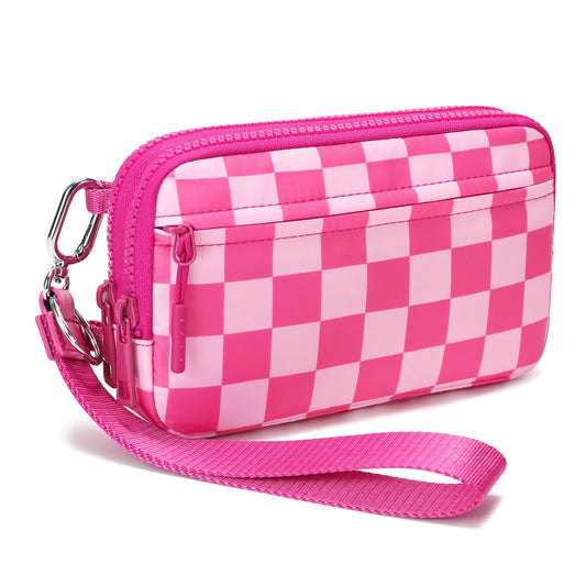 FODOKO Wristlet wallets for women Nylon Quilted Wallet with 4 Zippers,Travel Credit Card,Holder Cell Phone Organizer,coin purse (rose red)