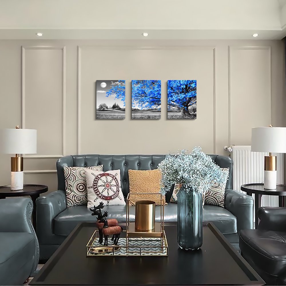 Wall Art For Living Room black and white Blue tree moon Canvas Wall Decor for Home artwork huge Painting 16" x 24" 3 Pieces Canvas Print For bedroom Decor Modern Salon kitchen office Hang a picture