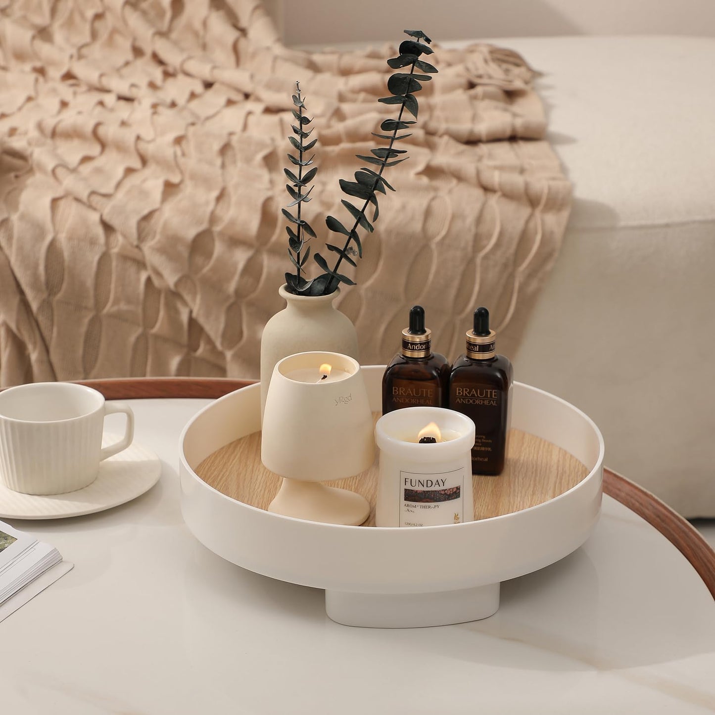 Decorative Tray Coffee Table Tray Round Trays for Home Decor Bathroom Counter Tray Perfume Organizer for Dining Table, Dresser, Kitchen, Large White