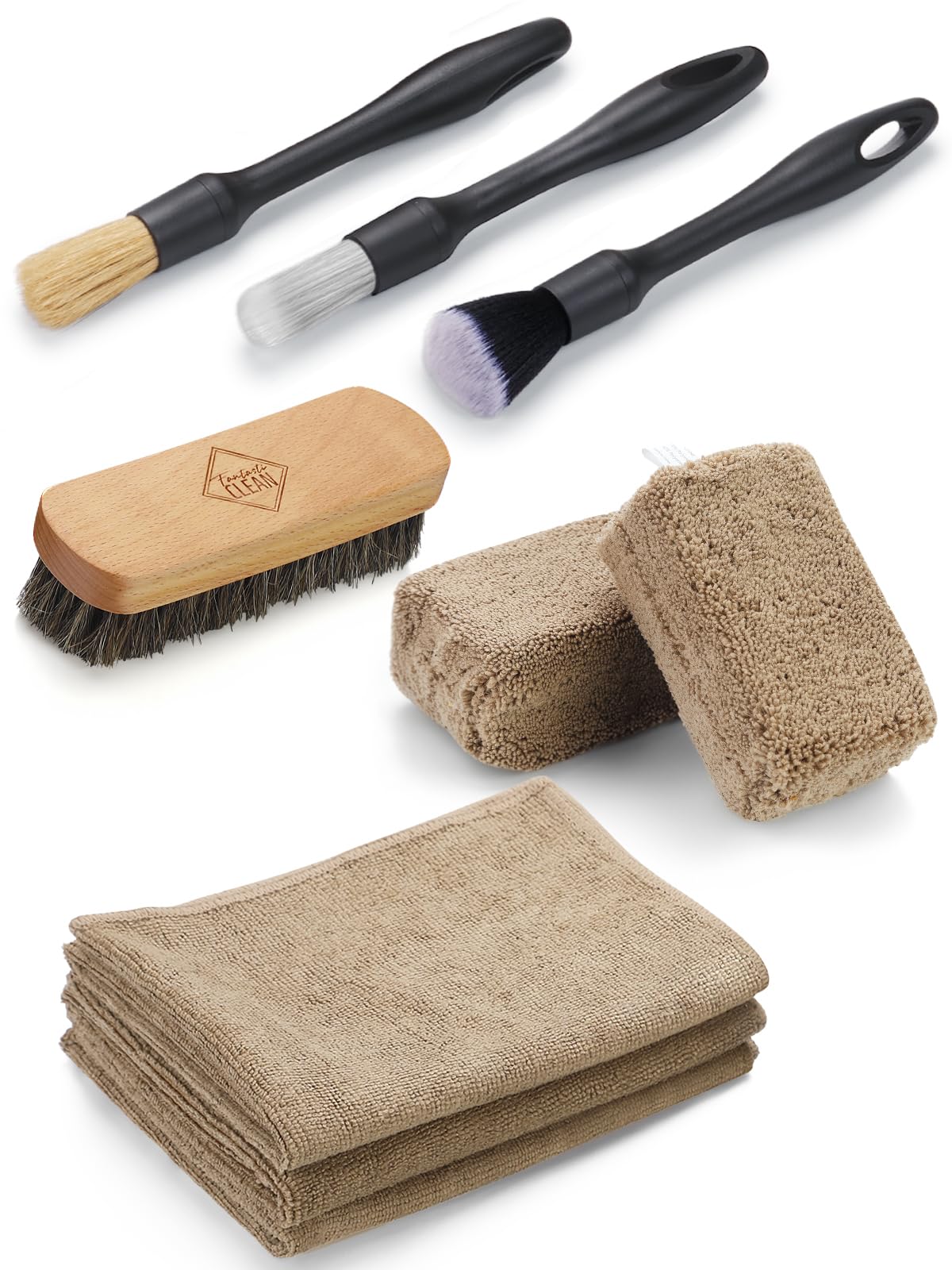 Fantasticlean 9PCS Car Interior Detailing Set, Microfiber Cloth & Applicator, Double-Head Detailing Brushes, Natural Bristles, Scratch-Free, Ultra-Soft for Seats Leather Care or Cleaning