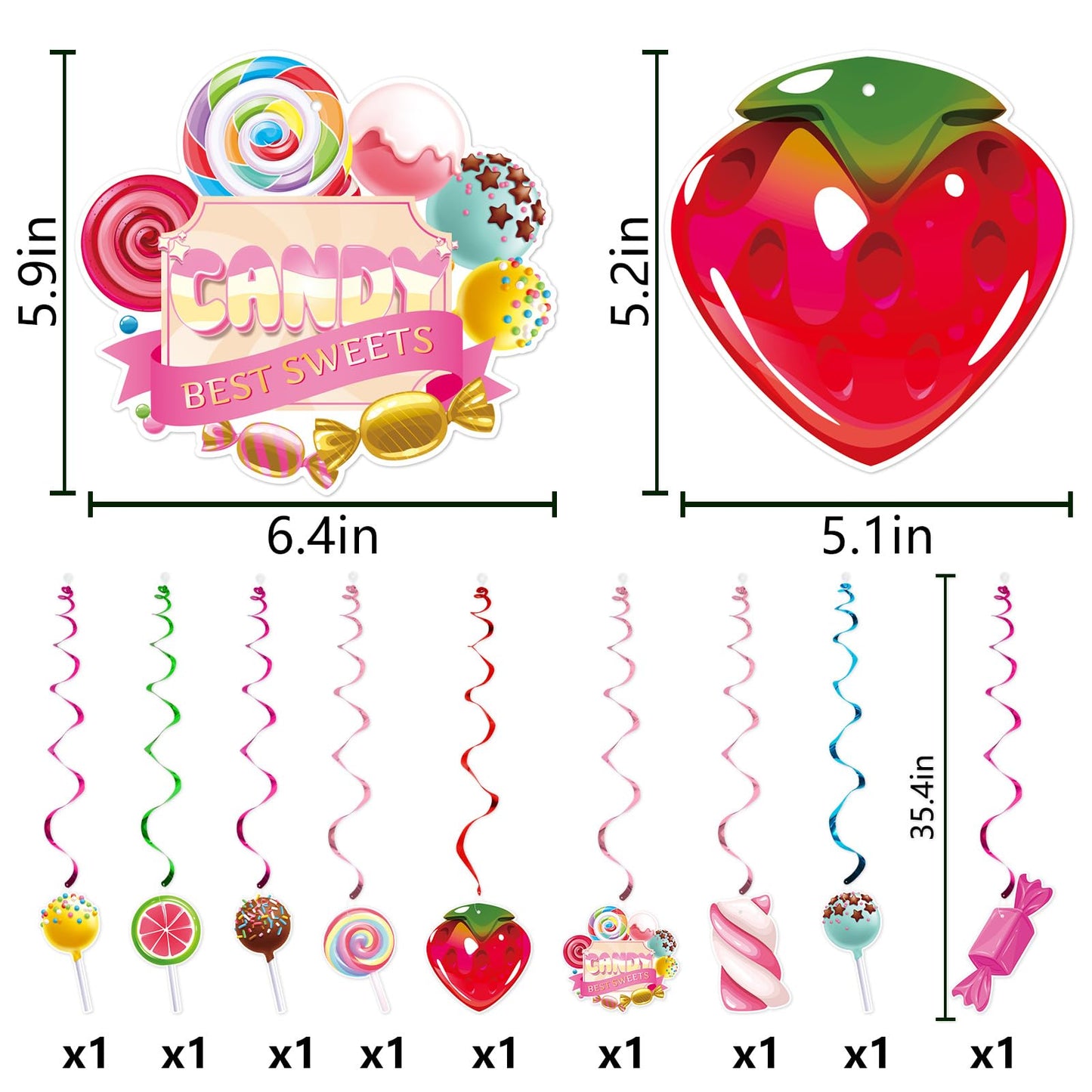 Candy Themed Party Decorations - Hanging Swirls, Banner, Birthday and Baby Shower Decor for Classroom - 11Pcs