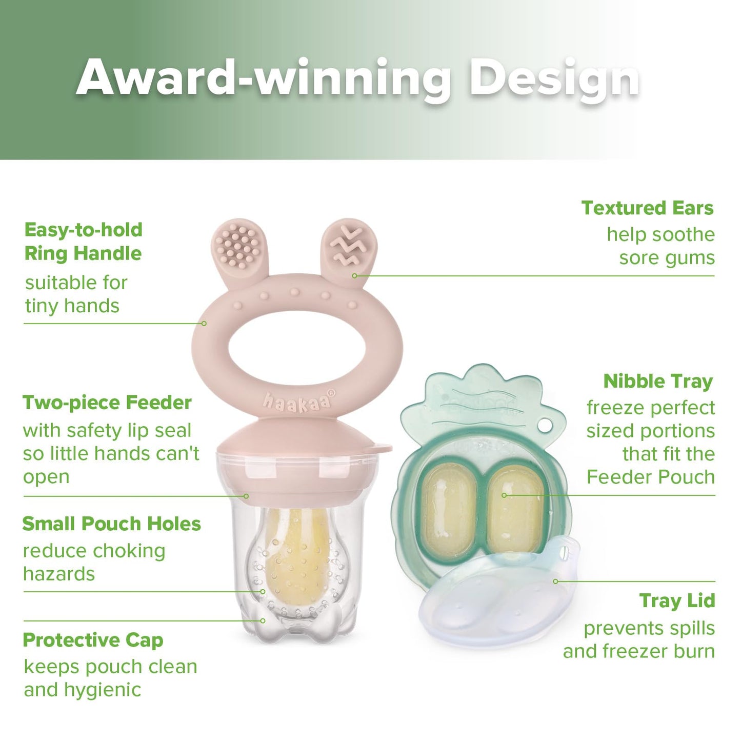 Haakaa Baby Fruit Food Feeder & Mini Freezer Nibble Tray Combo, Breastmilk Popsicle Molds for Baby Cooling Relief, BPA Free Silicone Feeder for Safe Infant Self Feeding, 4 Month+ (Blush)