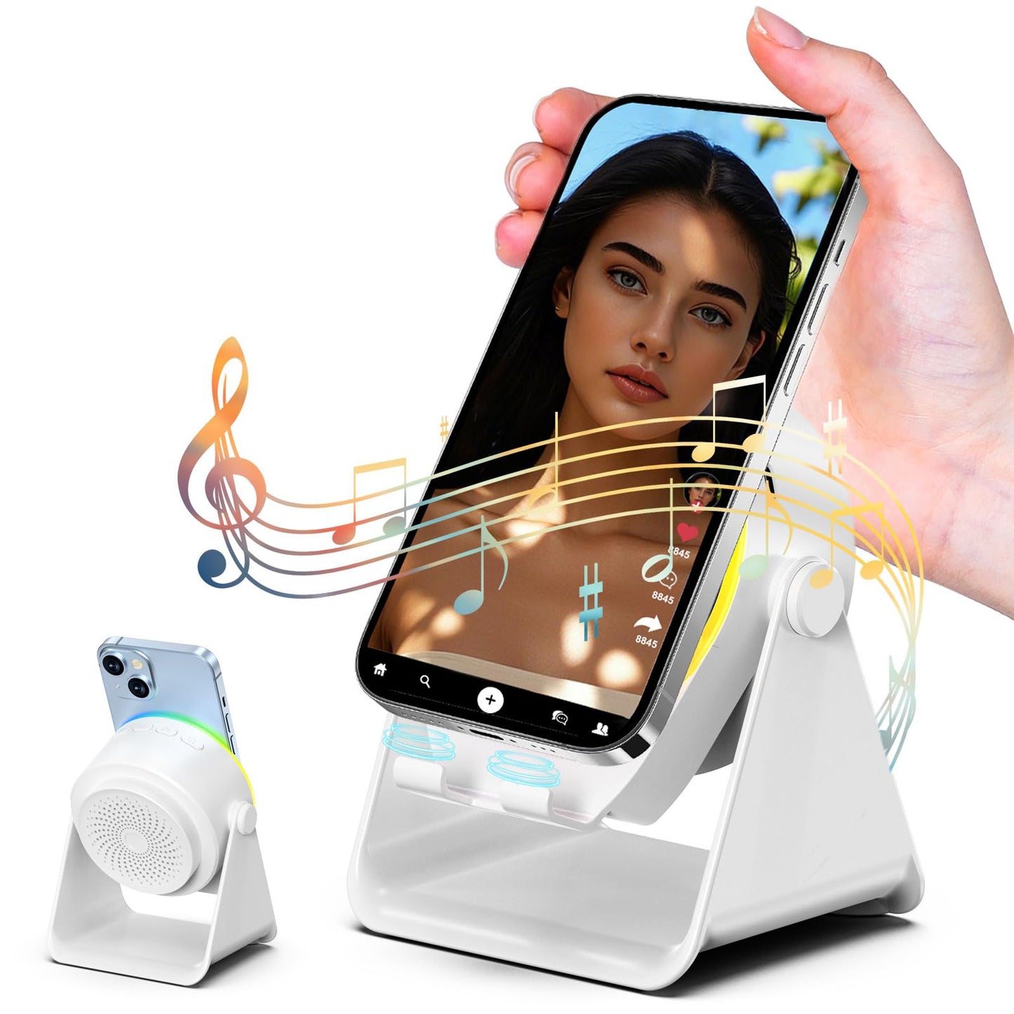 Dohelly Wireless Induction Speaker, Cell Phone Stand with Bluetooth Speaker, Stereo Sound, RGB Ambient Light, Phone Holder Compatible with iPhone/iPad/Android/Samsung Galaxy-White