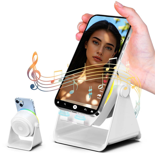 Dohelly Wireless Induction Speaker, Cell Phone Stand with Bluetooth Speaker, Stereo Sound, RGB Ambient Light, Phone Holder Compatible with iPhone/iPad/Android/Samsung Galaxy-White