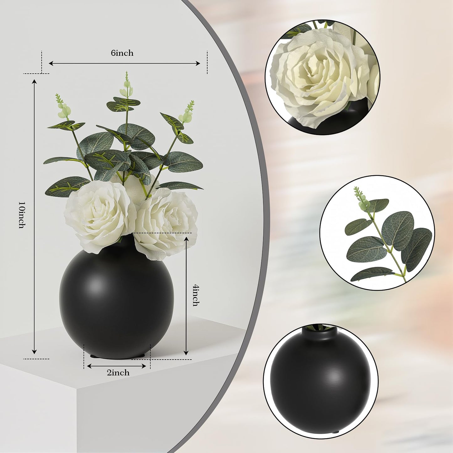 Nztze 2 pcs Artificial Plant Kit with Ceramic vase, Combination of Three White Roses and Greenery, Small Plant Potted Decor for Offices, Bookshelf, Bedroom, Living Room, Party, Wedding Decorations