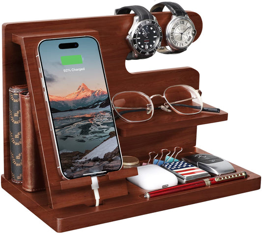 TARANTO Gifts for Men Wooden Phone Dock & Organizer - Nightstand Cell Phone & Watch Holder, Wallet Station, Desk Organizer - Perfect Gifts for Him & Dad