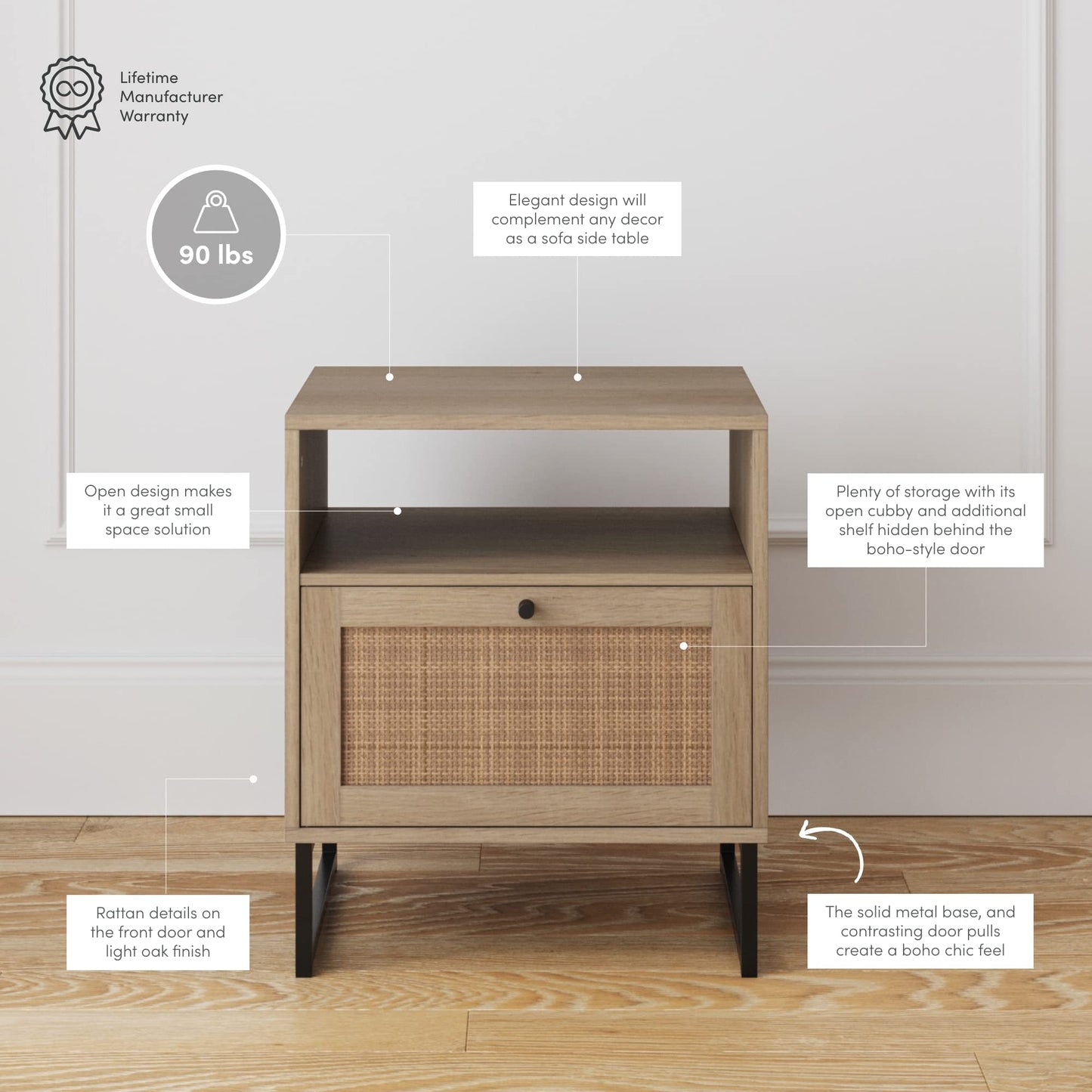 Nathan James Mina Rattan Wood End Side Accent Table Nightstand with Storage for Living Room or Bedroom, 1, Oak/Black