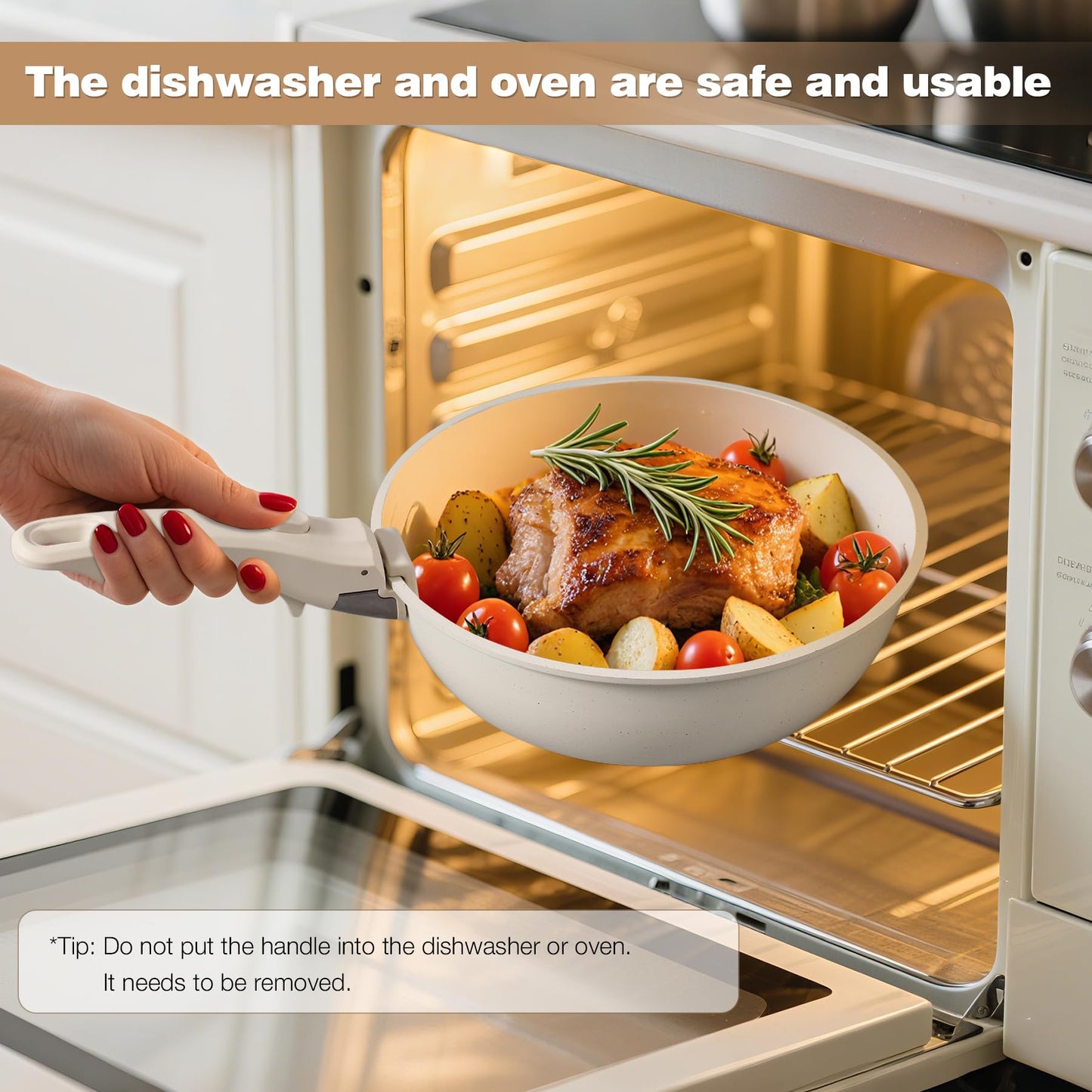 Zalnuuk 6 PCs pots and pans set non stick, Nonstick Kitchen Cookware Set, 2 Detachable/Removable Handles, Induction RV Kitchen Set, Oven Safe, Cream White