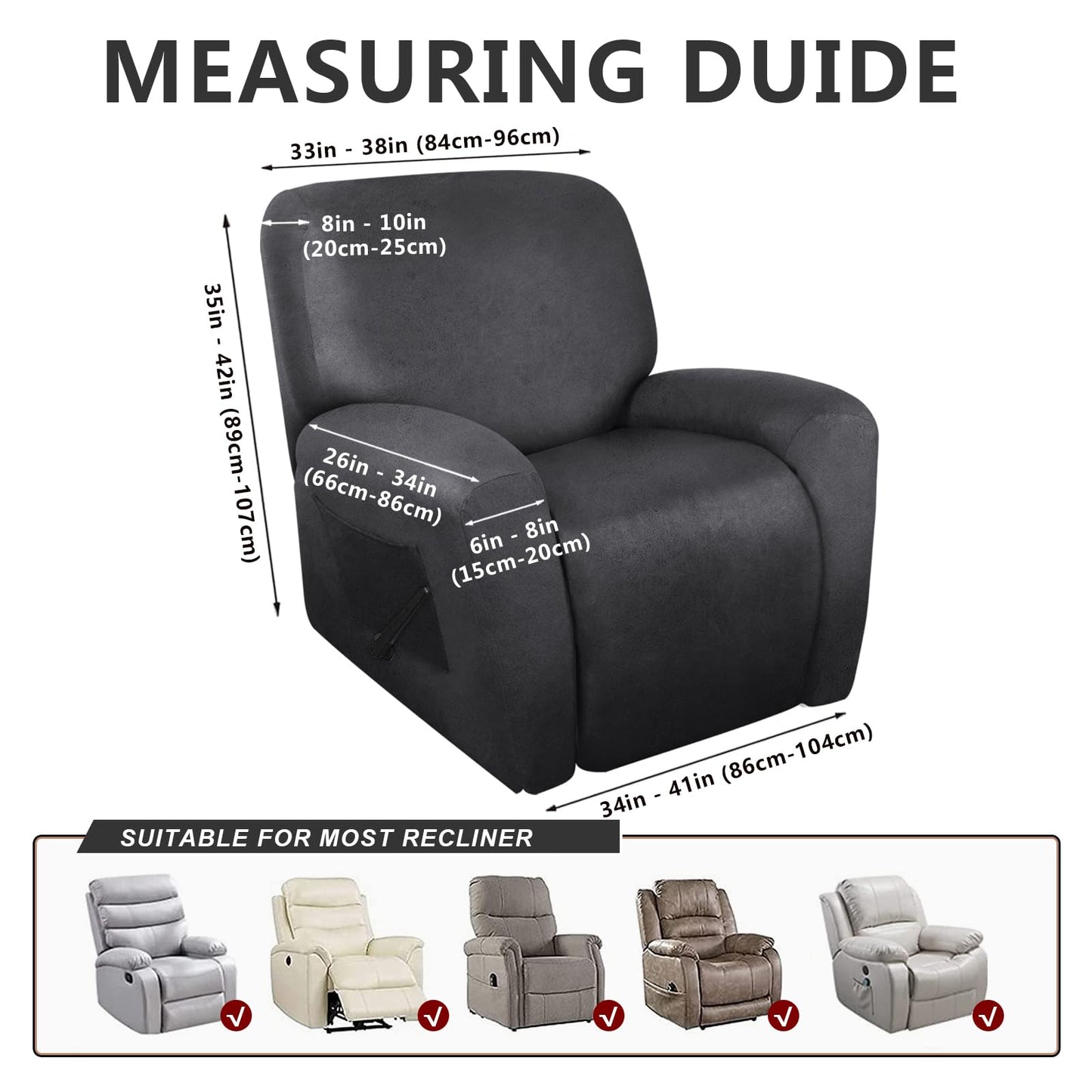 ANARACHON Leather Look Recliner Chair Covers Stay in Place 4-Piece Lazy Boy Recliner Slipcovers for Reclining Chair Furniture Protector Spandex Fabric Washable (X-Large, Dark Gray)