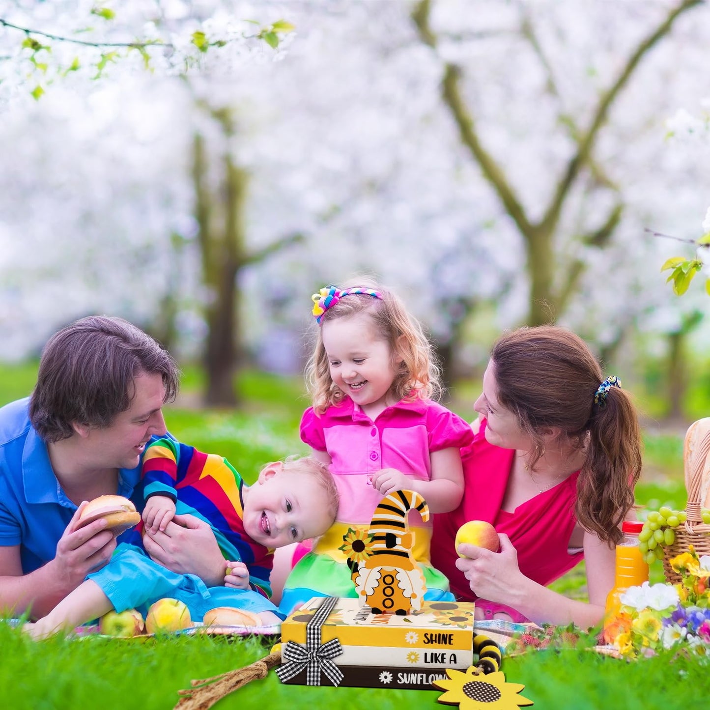 5 Pieces Sunflower Tiered Tray Decor Summer Wood Table Sign Rustic Book Stack with Gnome Wood Bead Tassels Summer Wooden Tabletop Centerpiece Shelf Decoration for Farmhouse Decor