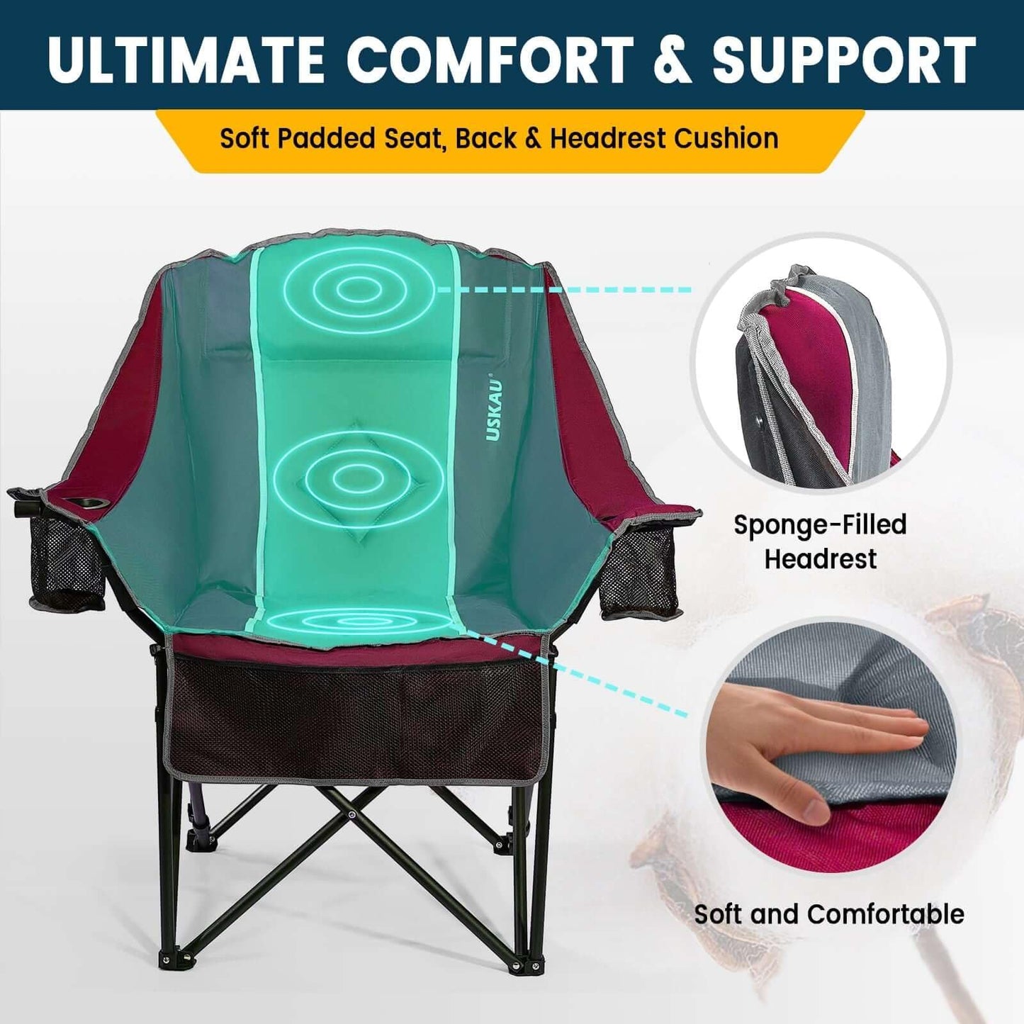 USKAU Oversized Camping Chair for Large Adults Heavy Duty 400 lbs Capacity, Comfortable Padded Folding Lawn Chair with Back & Headrest Support and Cup Holder, Portable Outdoor Chair with Carry Bag