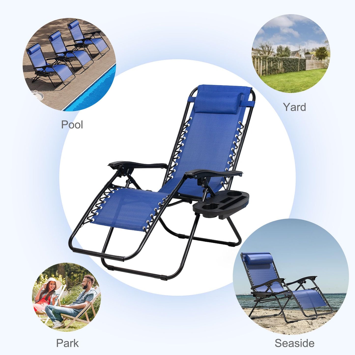 Nazhura Set of 2 Relaxing Recliners Patio Chairs Adjustable Steel Mesh Zero Gravity Lounge Chair Beach Chairs with Pillow and Cup Holder (Blue)