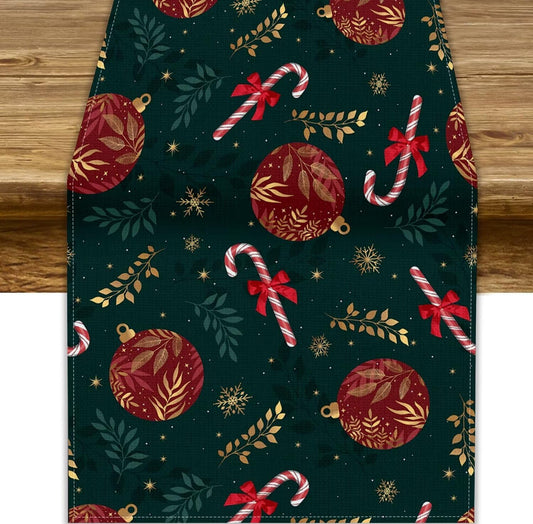 Christmas Table Runner,Green Red Xmas Balls Winter Holiday Dinner Table Decoration for Home Living Room Kitchen Dining Room 13x36in