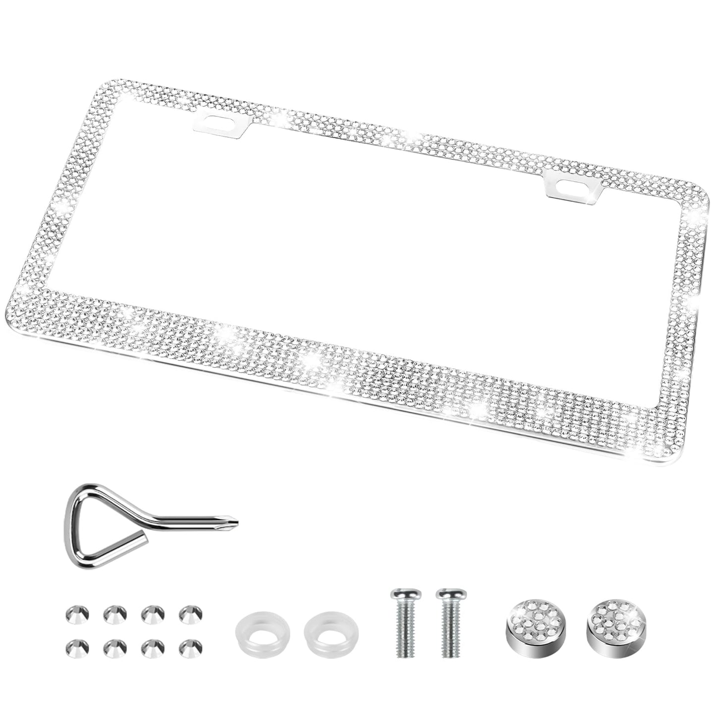 2 Pack Bling License Plate Frames for Women, Sparkly Rhinestone Diamond Car Accessories with Glitter Crystal Caps (Black)