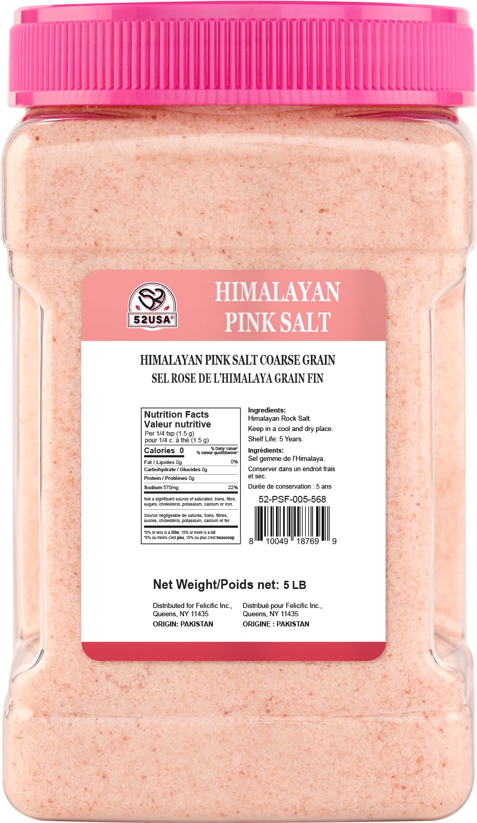 52USA Himalayan Pink Salt Fine, Fine Ground Table and Cooking Salt, 80oz (5 Pound), 100% Real, Pure, Unrefined Himalayan Pink Salt, 80+ Minerals and Electrolytes, Pink Himalayan Sea Salt, Kosher Salt