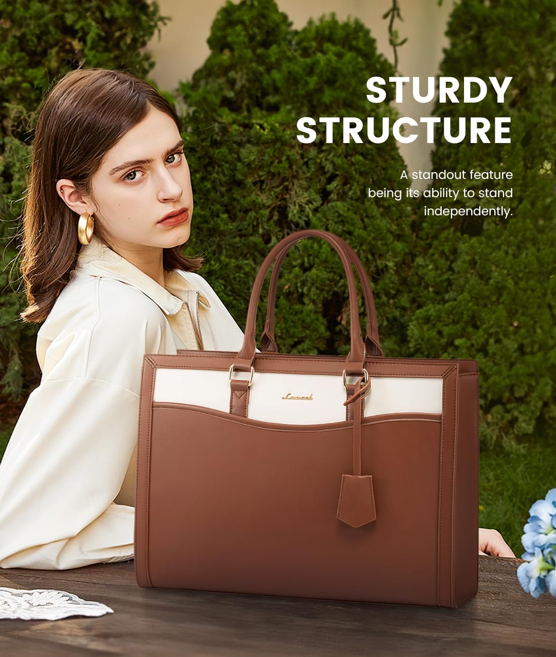 LOVEVOOK Laptop Tote Bag for Women, Leather Office Work Bag Briefcase fit for 15.6 inch Laptop, Large Teacher Computer Bag Handbag,2pcs Set Leather/Brown-White