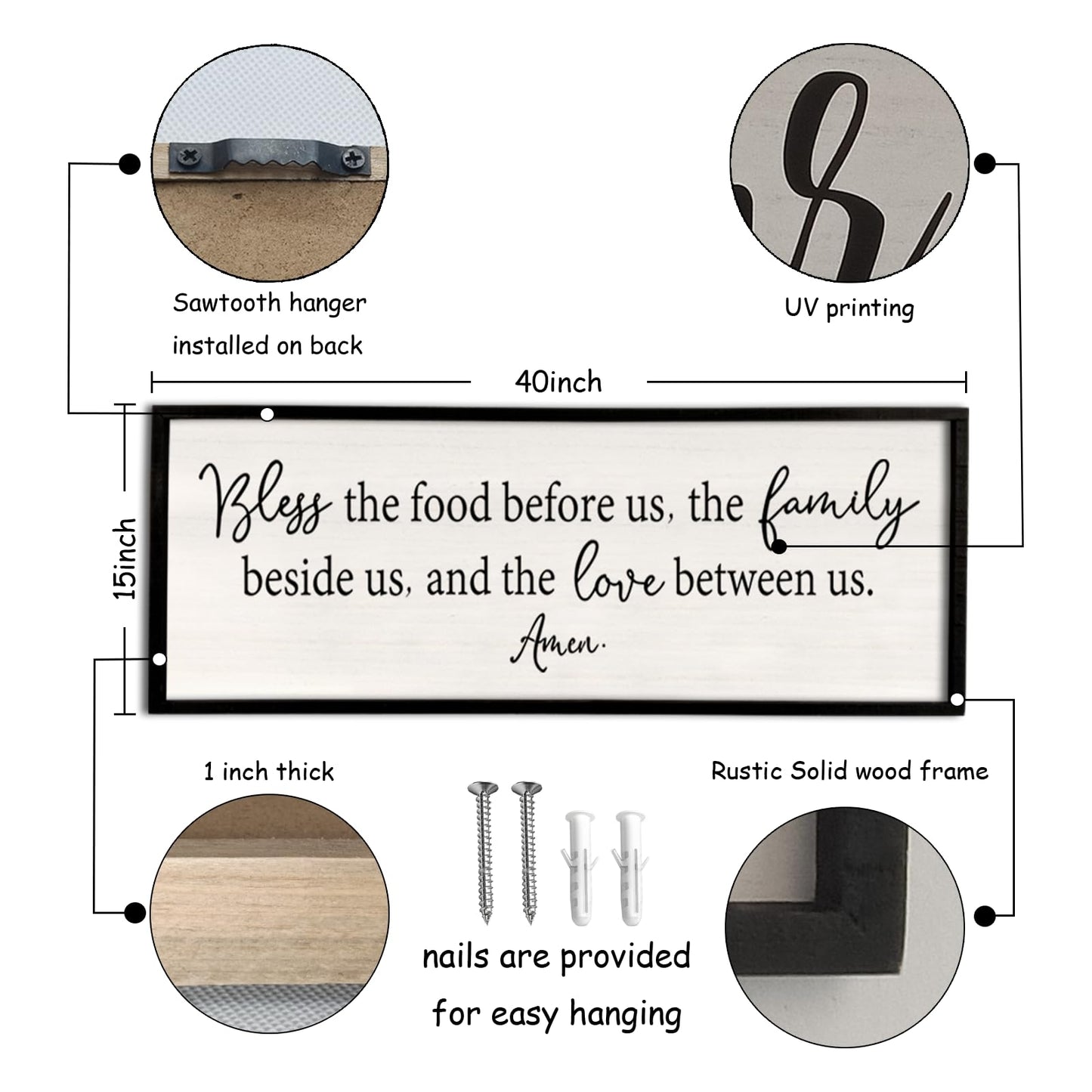 Bless the Food Before Us Sign Wall Decor 40"X15" Large Farmhouse Dining Room Wall Decor Framed Wood Rustic Home Wall Art Kitchen Decoration (Black)