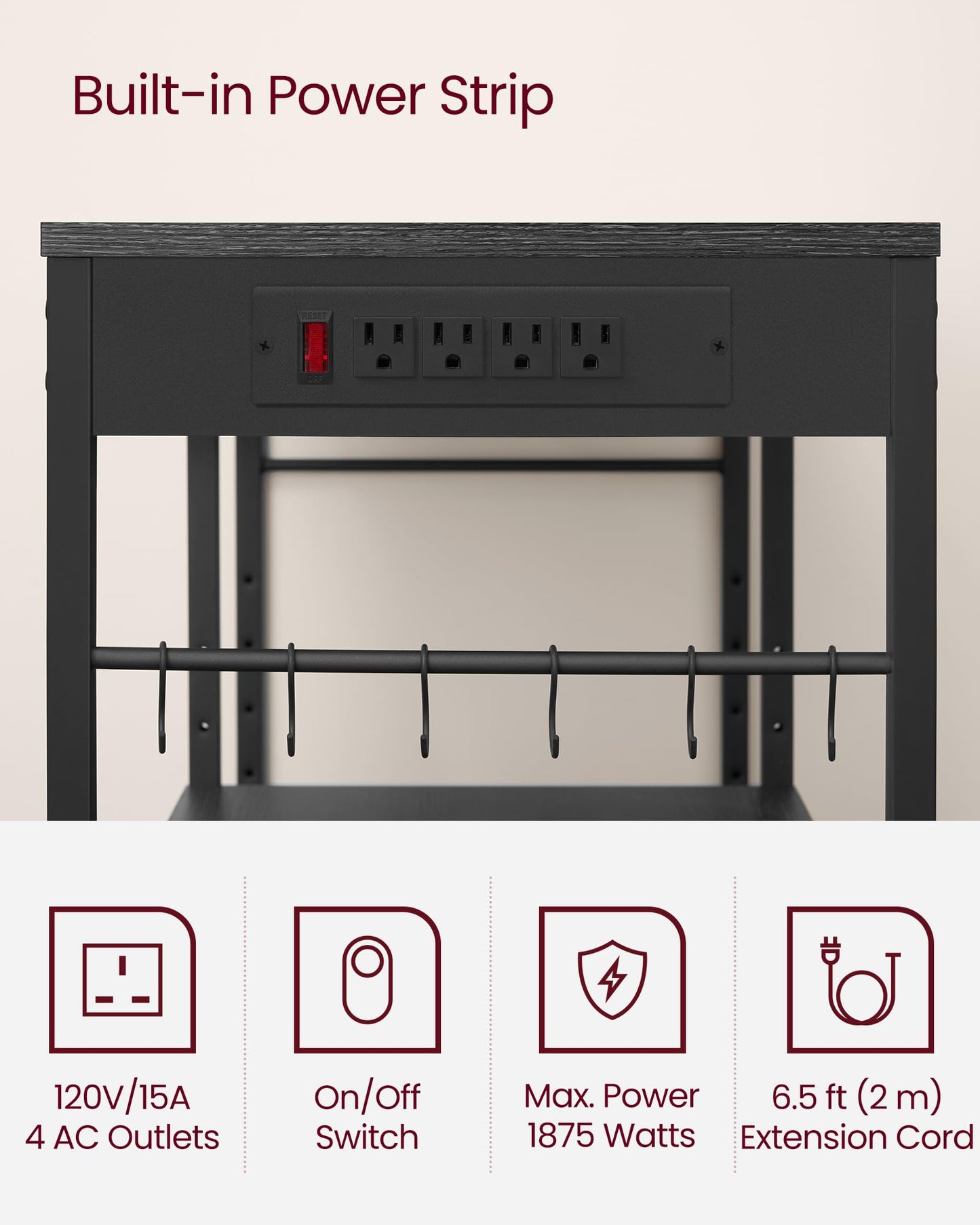 VASAGLE Baker's Rack, Coffee Bar Stand with Charging Station, Storage Shelves, Pull-Out Wire Basket, Table for Microwave, Kitchen, Charcoal Gray UKKS036B22, 15.7 x 35.4 x 35.6 Inches