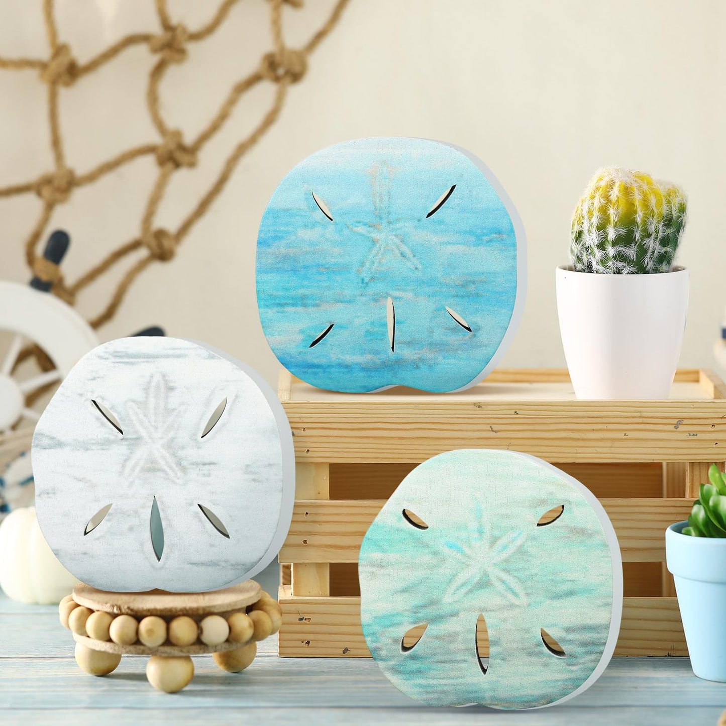 Qunclay 3 Pcs Wooden Sand Dollars Table Decor Sand Dollar Beach Room Decor Coastal Wall Centerpieces Farmhouse Decoration for Home Office Bedroom Table Shelf Desk