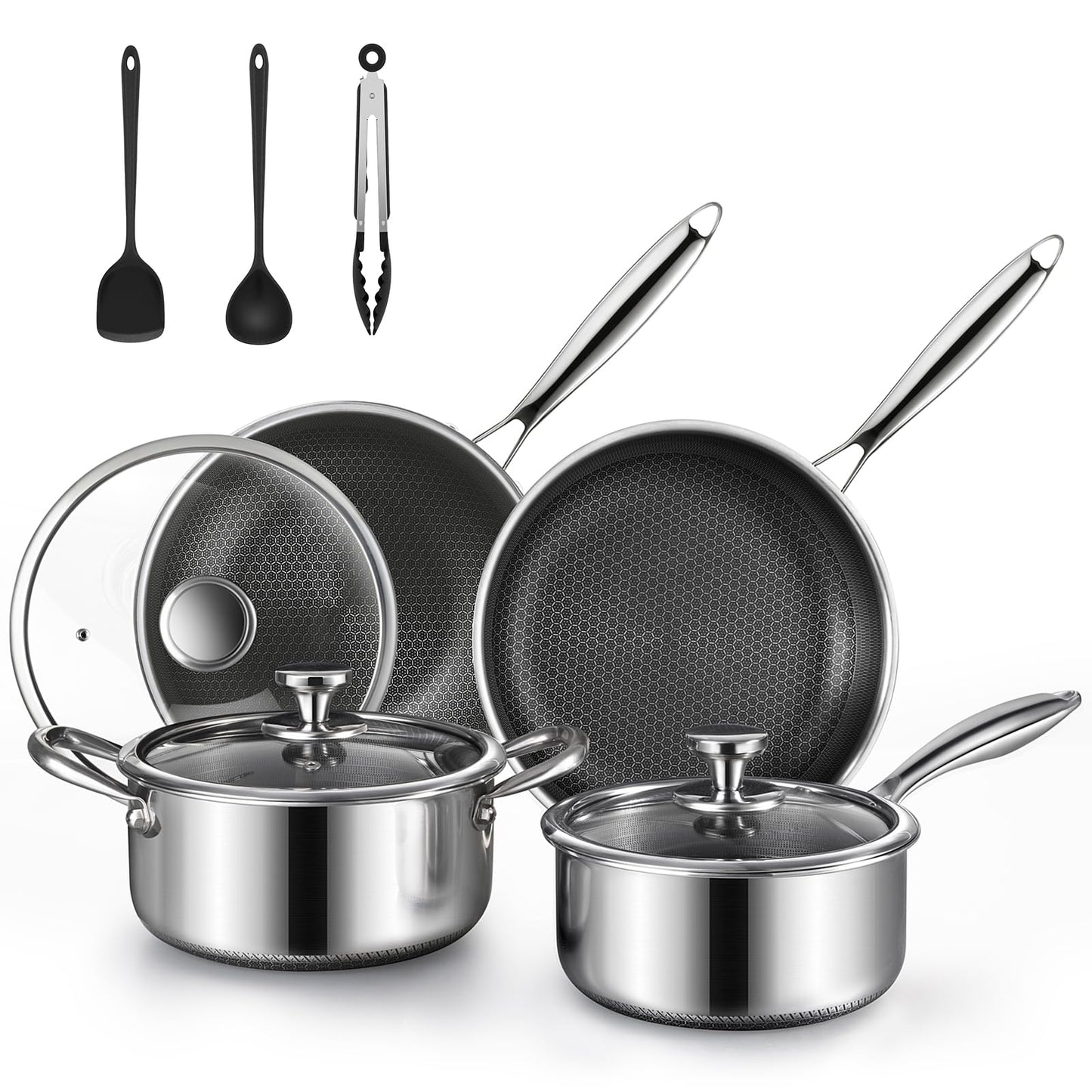 TalingMA 10 Pcs Non Stick Pots and Pans Set with Lids, Hybrid Stainless Steel Cookware Set, Skillet,Stock Pot,Frying Pan,Kitchen Cooking Utensils,Non Toxic,Induction,Dishwasher Safe