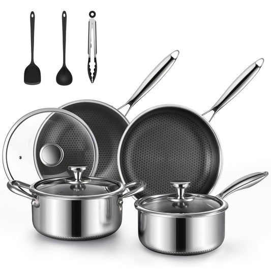TalingMA 10 Pcs Non Stick Pots and Pans Set with Lids, Hybrid Stainless Steel Cookware Set, Skillet,Stock Pot,Frying Pan,Kitchen Cooking Utensils,Non Toxic,Induction,Dishwasher Safe