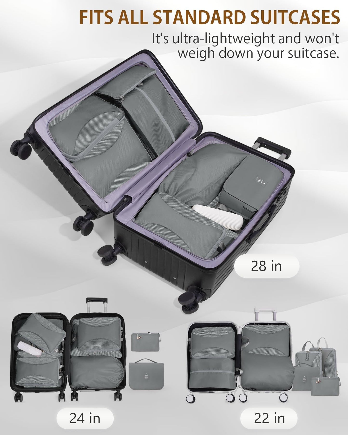 Compression Packing Cubes 10 Sets, Packing Organizers, Extensible Suitcase Organiser Bags, Travel Organizer Cubes for Travel Essentials Grey
