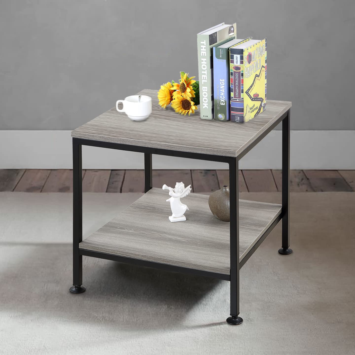 KirKical 20 Inch 2 Tiers Square End Table with Metal Frame, Rustic Grey Fridge Stand Side Table Sturdy Easy Assembly Simple Style for Living Room Bedroom, Slate Grey